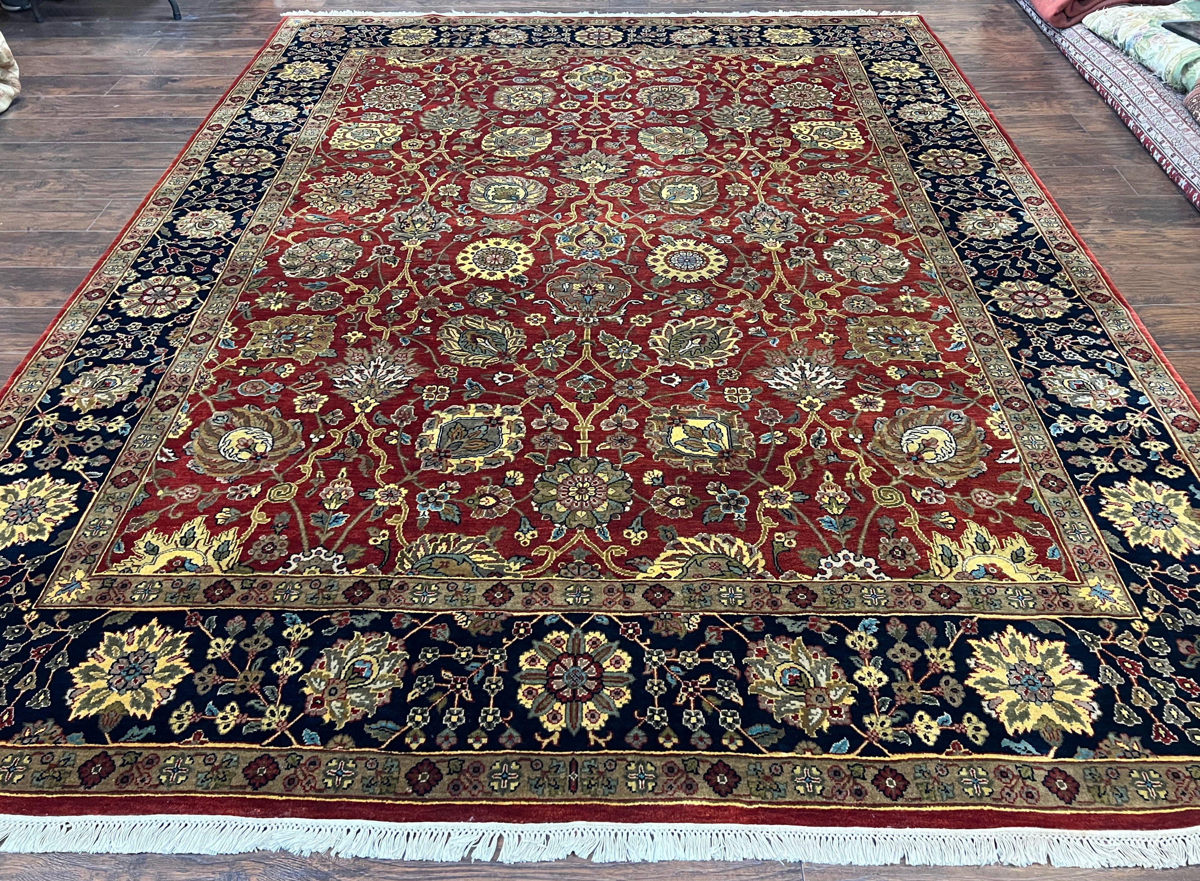 Indo Persian Rug 9x12, Hand Knotted Traditional Indian Wool Oriental Carpet 9 x 12 ft, Maroon and Navy Blue, Floral Allover 9x12 Vintage Rug - Jewel Rugs