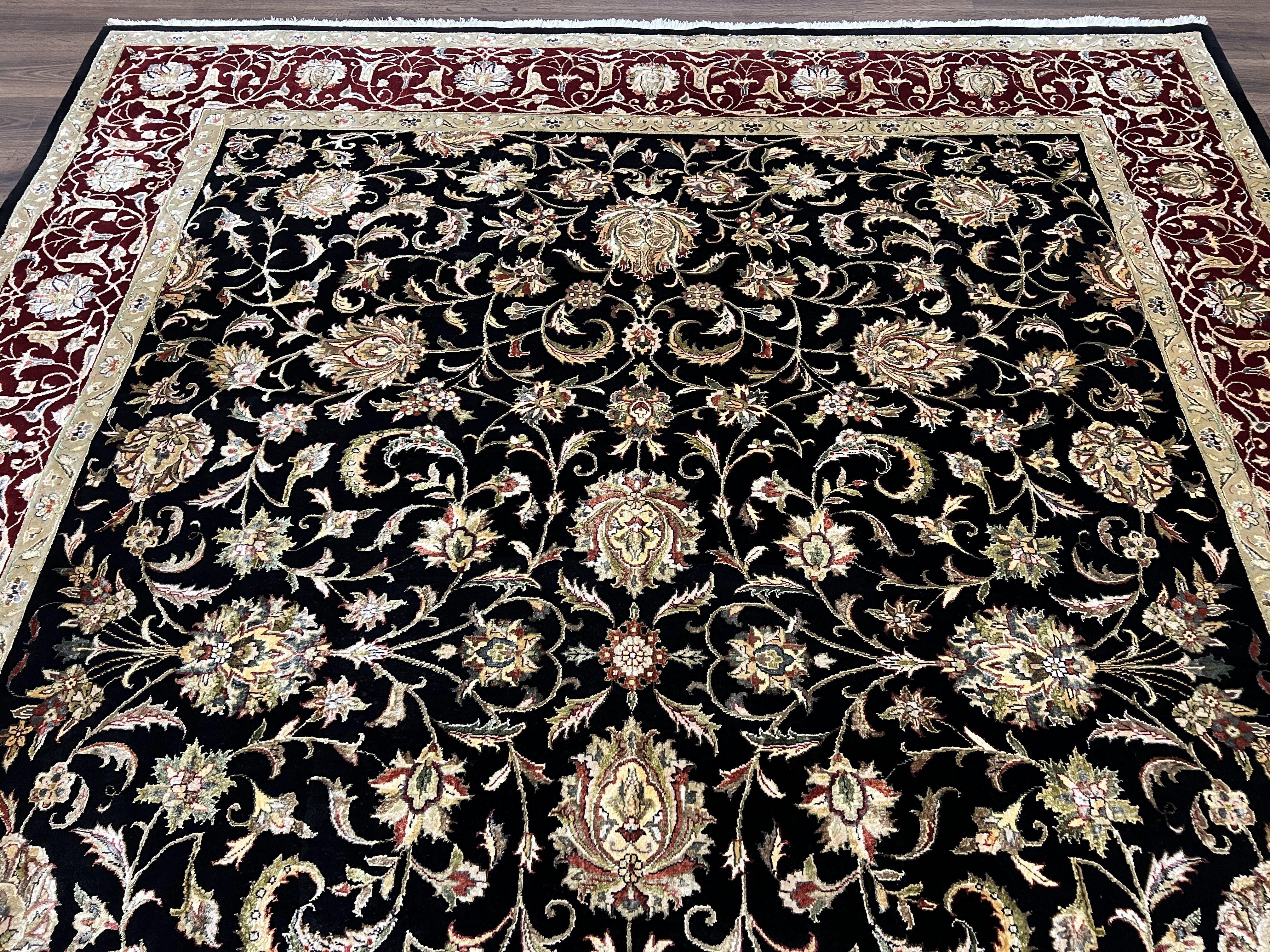 Indo Persian Rug 8x10, Black and Maroon Floral Allover Wool and Silk Oriental Carpet 8 x 10 ft, Hand Knotted Traditional Vintage Room Sized - Jewel Rugs