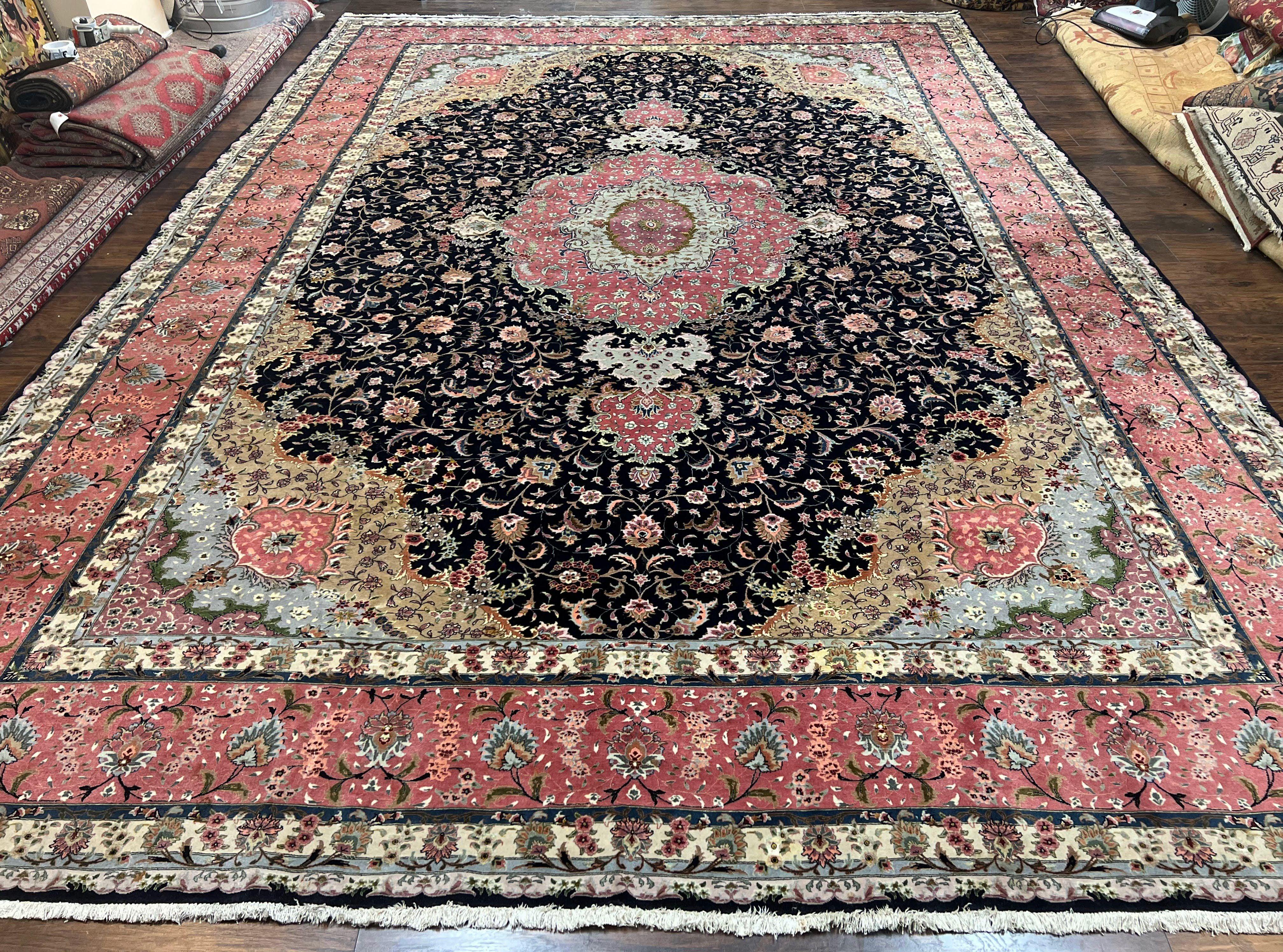Magnificent Persian Tabriz Rug 11x16, Oversized Persian Carpet 11 x 16 ft, Wool on Silk Finely Hand Knotted, 450 KPSI, Floral Medallion, Black Pink - Jewel Rugs