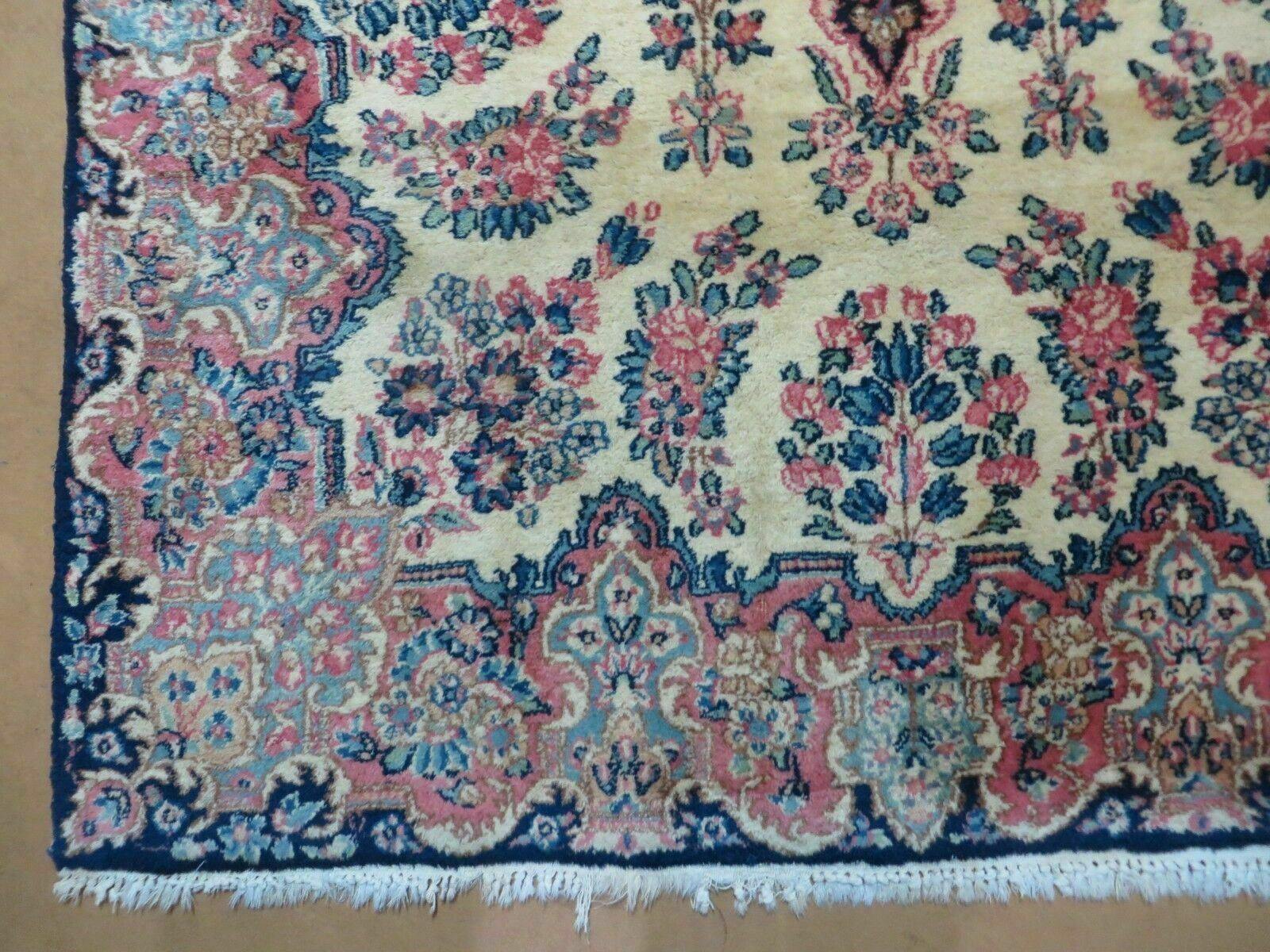 Antique Persian Kirman Rug 3.9 x 6.6, Floral Oriental Carpet, Ivory/Cream - Blue - Pink, Hand Knotted Wool Rug, Floral Medallion Rug 4x6 - Jewel Rugs