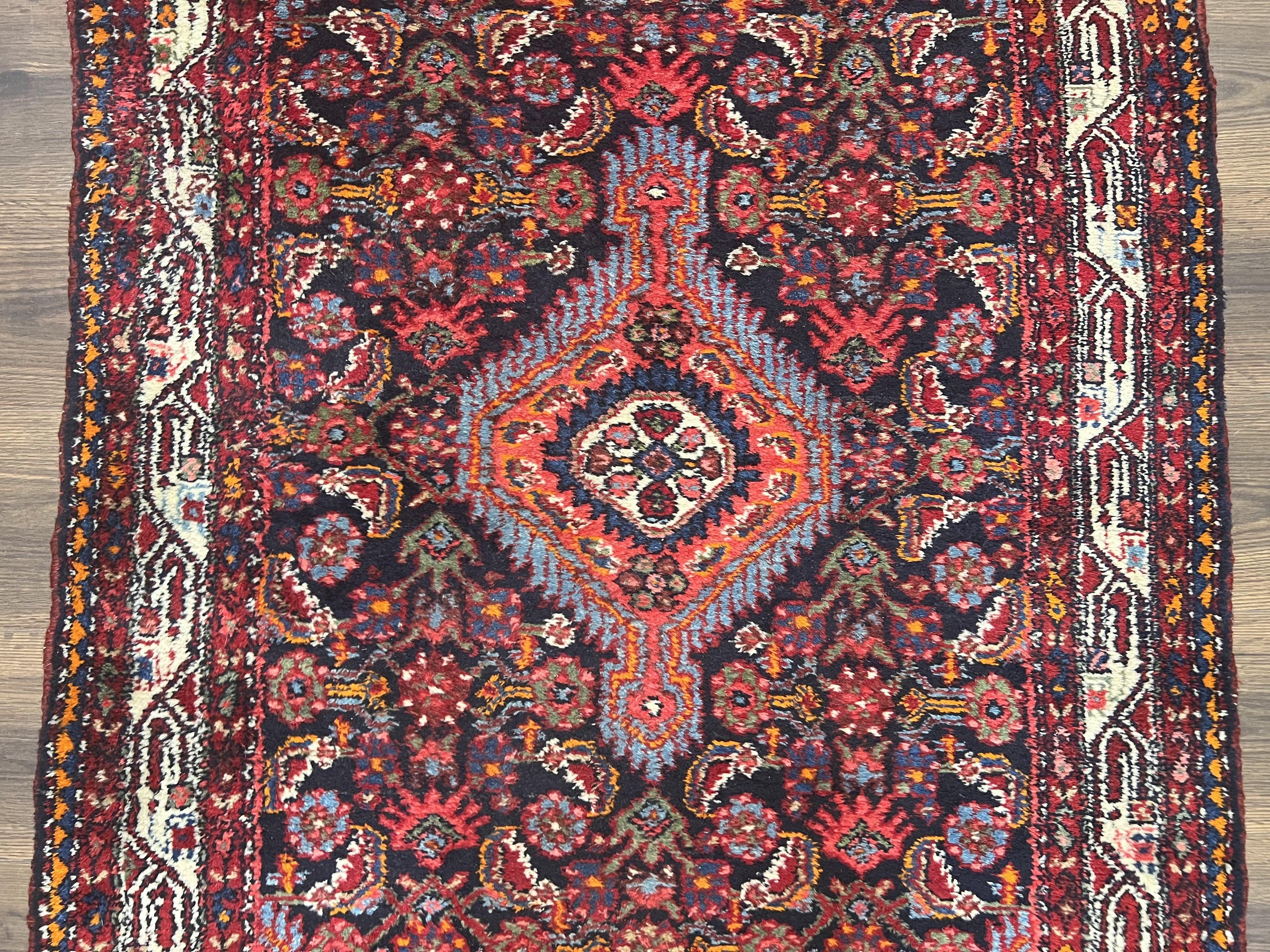 Persian Hamadan Tribal Rug 3.5 x 5.6, Black Red and Ivory Antique Wool Oriental Carpet, Handmade Bohemian Rug, Geometric Medallion, One of a Kind - Jewel Rugs