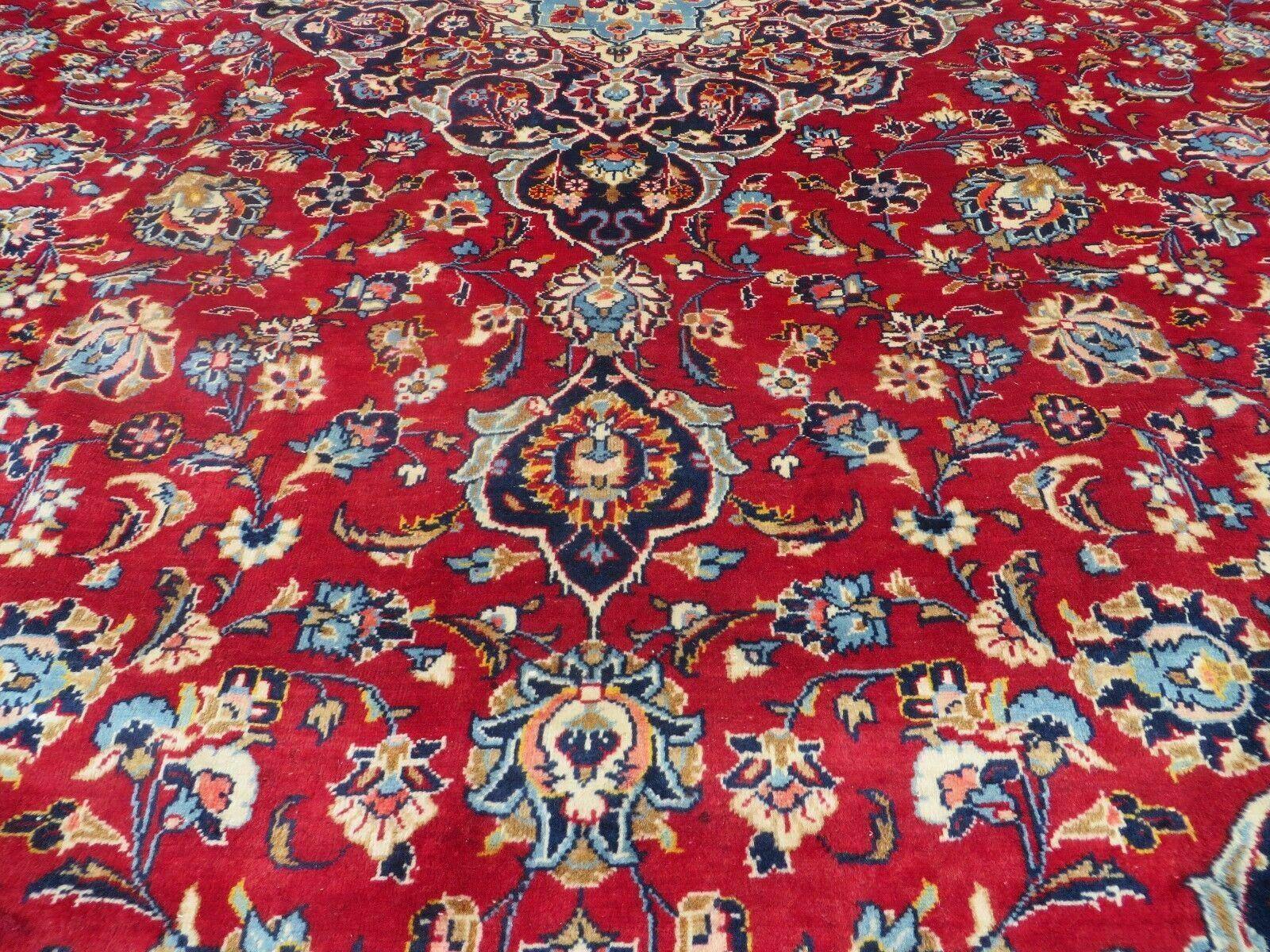 Vintage Persian Kashan Rug 10x13, Hand Knotted Room Sized Carpet, Red Light Blue Dark Blue, Wool, Traditional, Medallion and Corner Design - Jewel Rugs