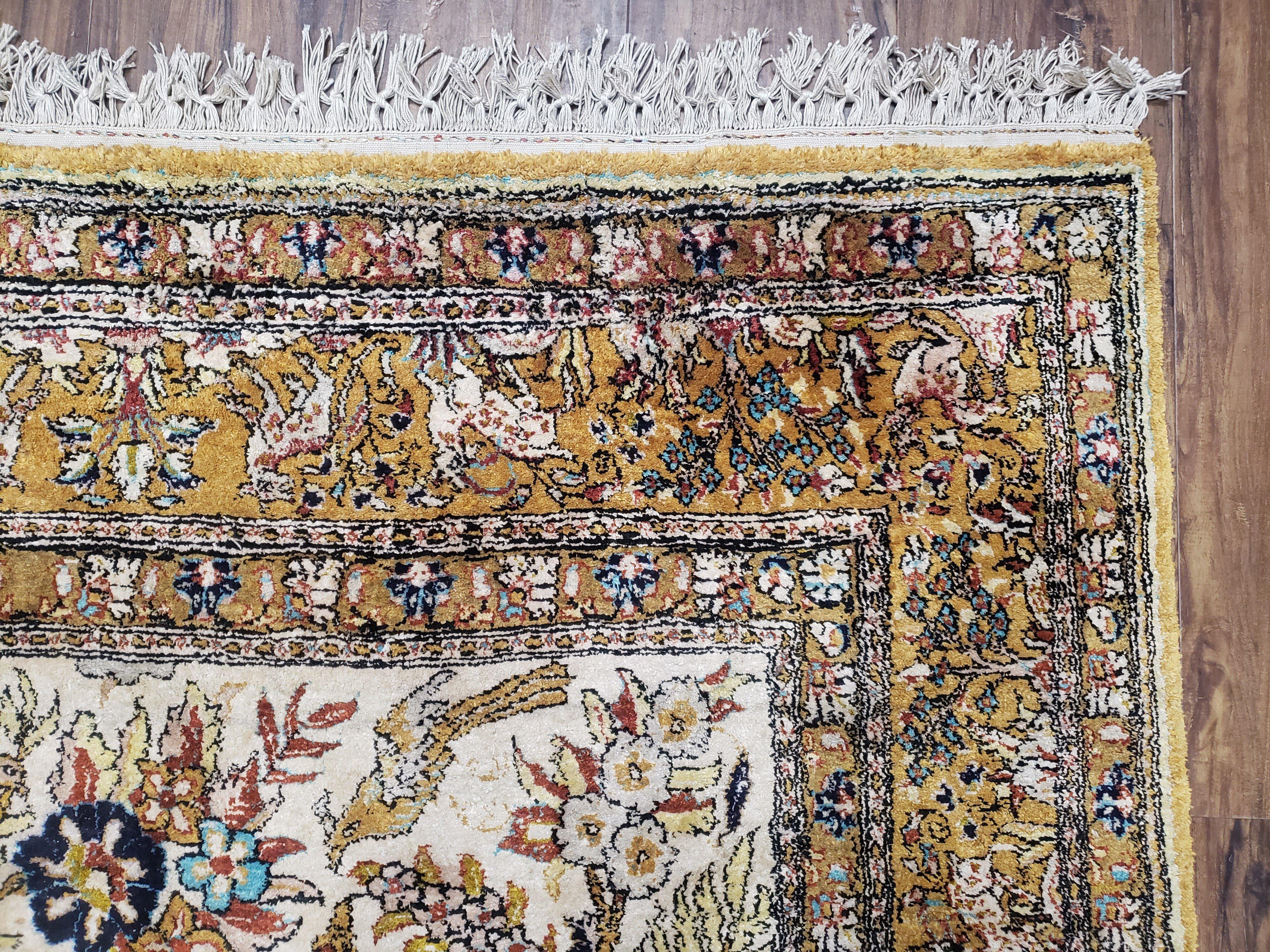 Persian Qum Silk Rug 5x7, Tree of Life Persian Silk Carpet with Animal Pictorials, Birds Deer, Hand Knotted 1950s Fine Rug Cream Gold - Jewel Rugs