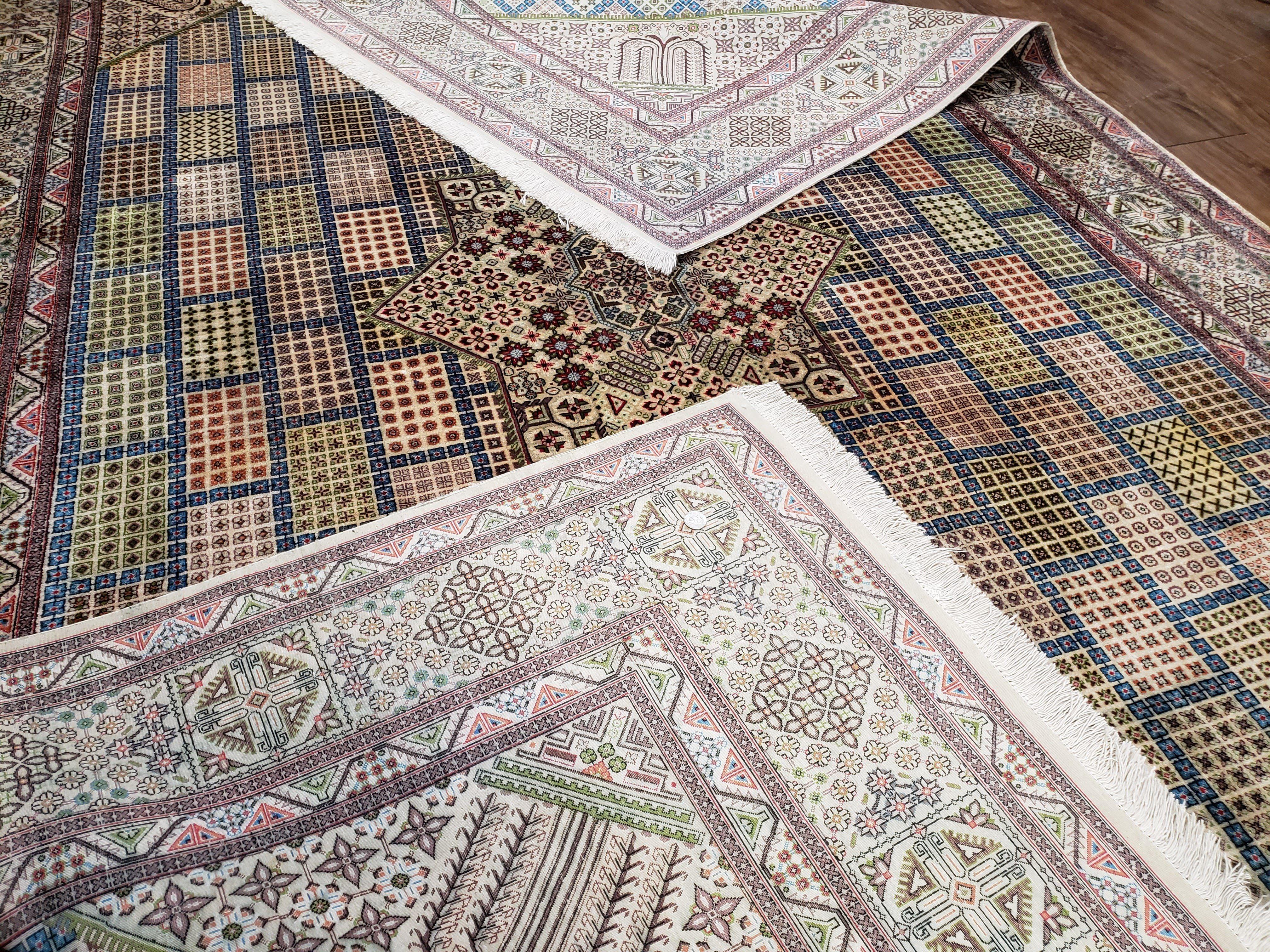 Sino Persian Silk Rug 6.4 x 9.9, Very Fine Hand Knotted Carpet, Panel Design Multicolor, Silk Pile on Silk Foundation, Handmade Vintage - Jewel Rugs