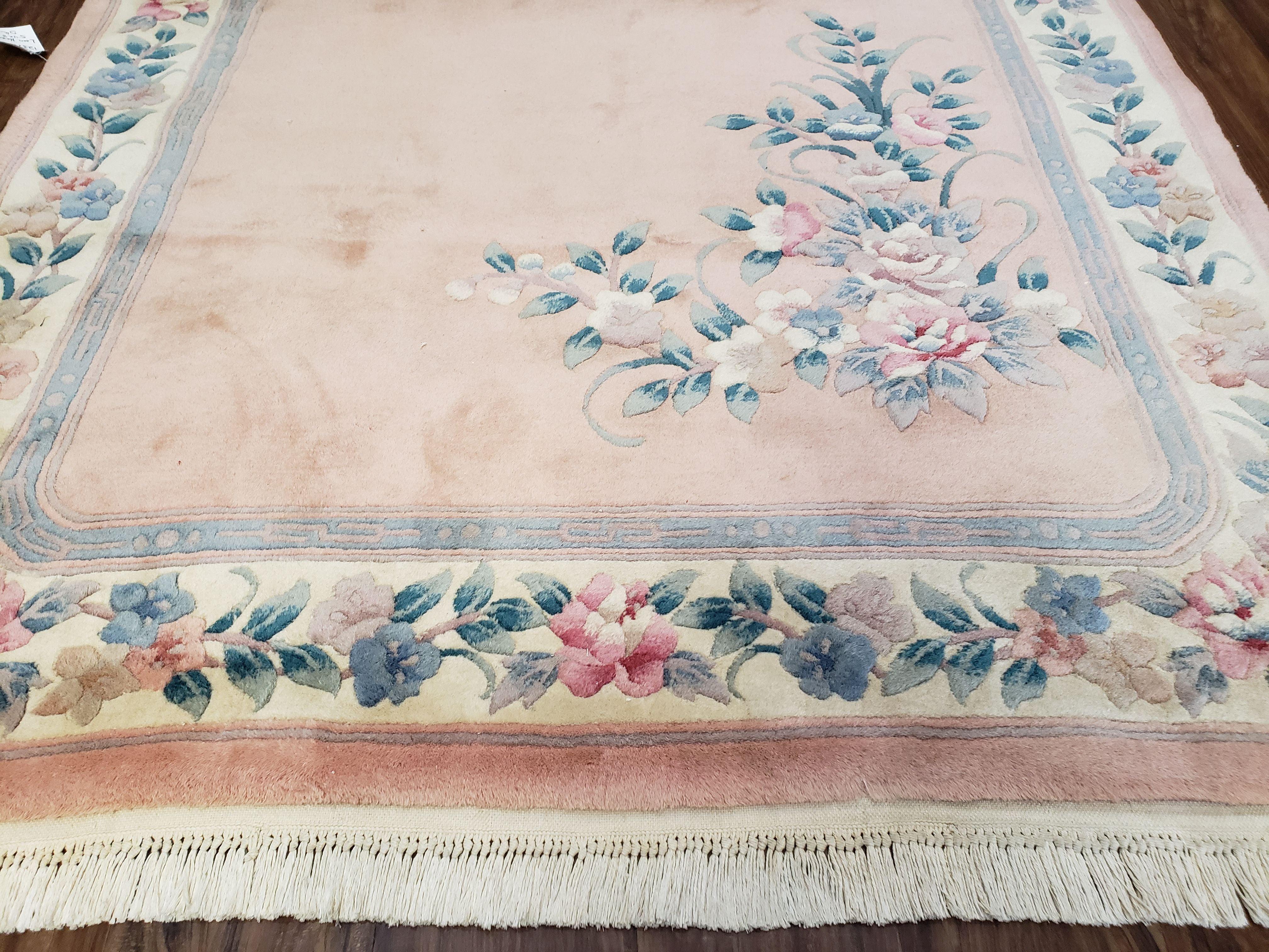 Vintage Light Pink Chinese Carving Area Rug, Floral Plush Carpet, Soft Pile, Hand-Knotted, Pink & Teal, Pastel Colors Home Decor, 5.4 x 8.2 - Jewel Rugs