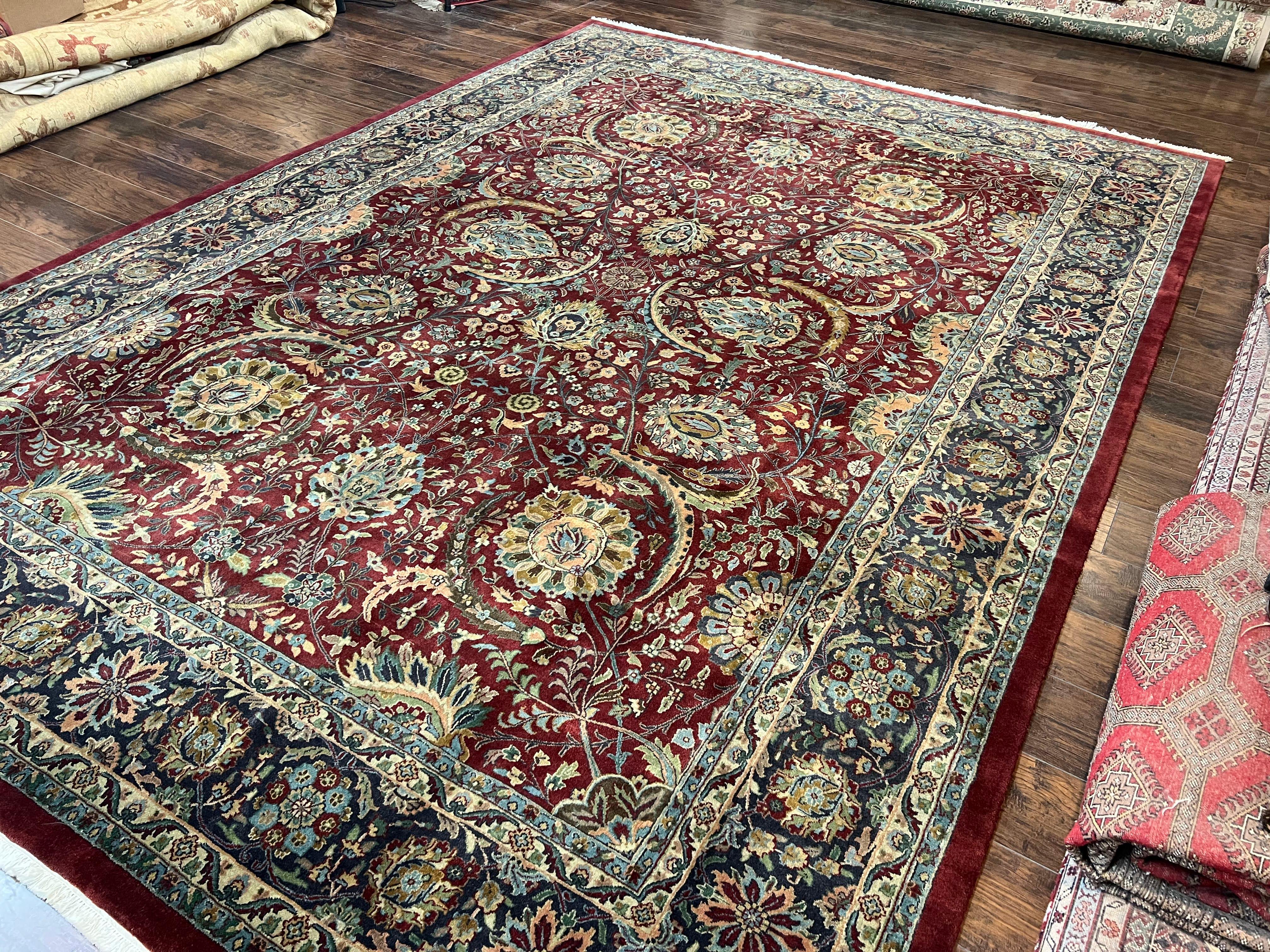 Large Indian Agra Rug 10x13, Maroon Midnight Blue Tan Hand Knotted Wool Oriental Carpet 10 x 13 ft, Floral Allover, Vintage Traditional Rug - Jewel Rugs