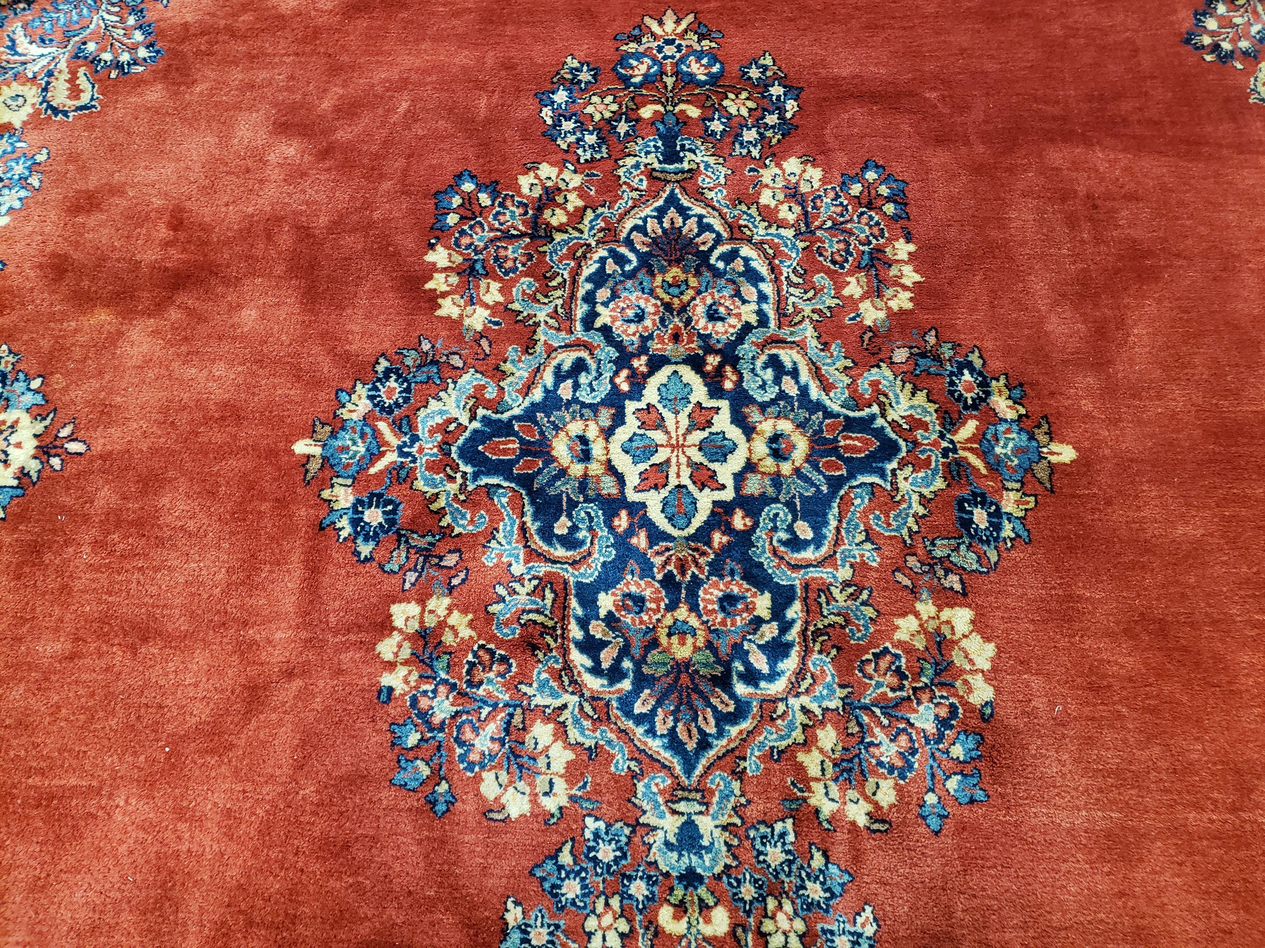 Semi Antique Persian Sarouk Rug 9x12, Semi Open Field with Central Medallion, Hand Knotted Wool, Tomato Red, 9 x 12 Authentic Oriental Carpet - Jewel Rugs