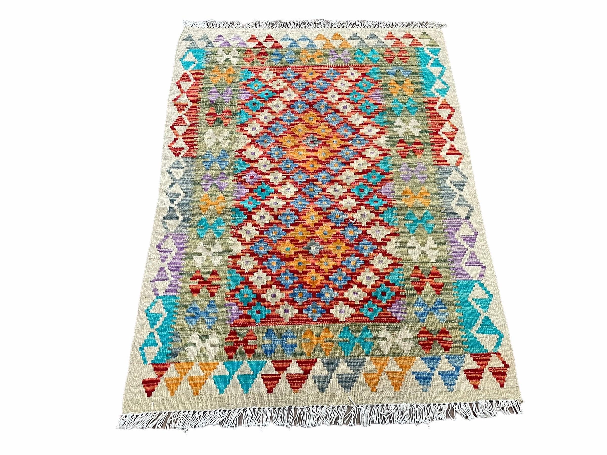 3x4 Colorful Kilim Rug 4 x 3 Multicolor Turkish Chobi Kilim Rug Small Flatweave Wool Playroom Rug New Tribal Kilim Rug - Jewel Rugs