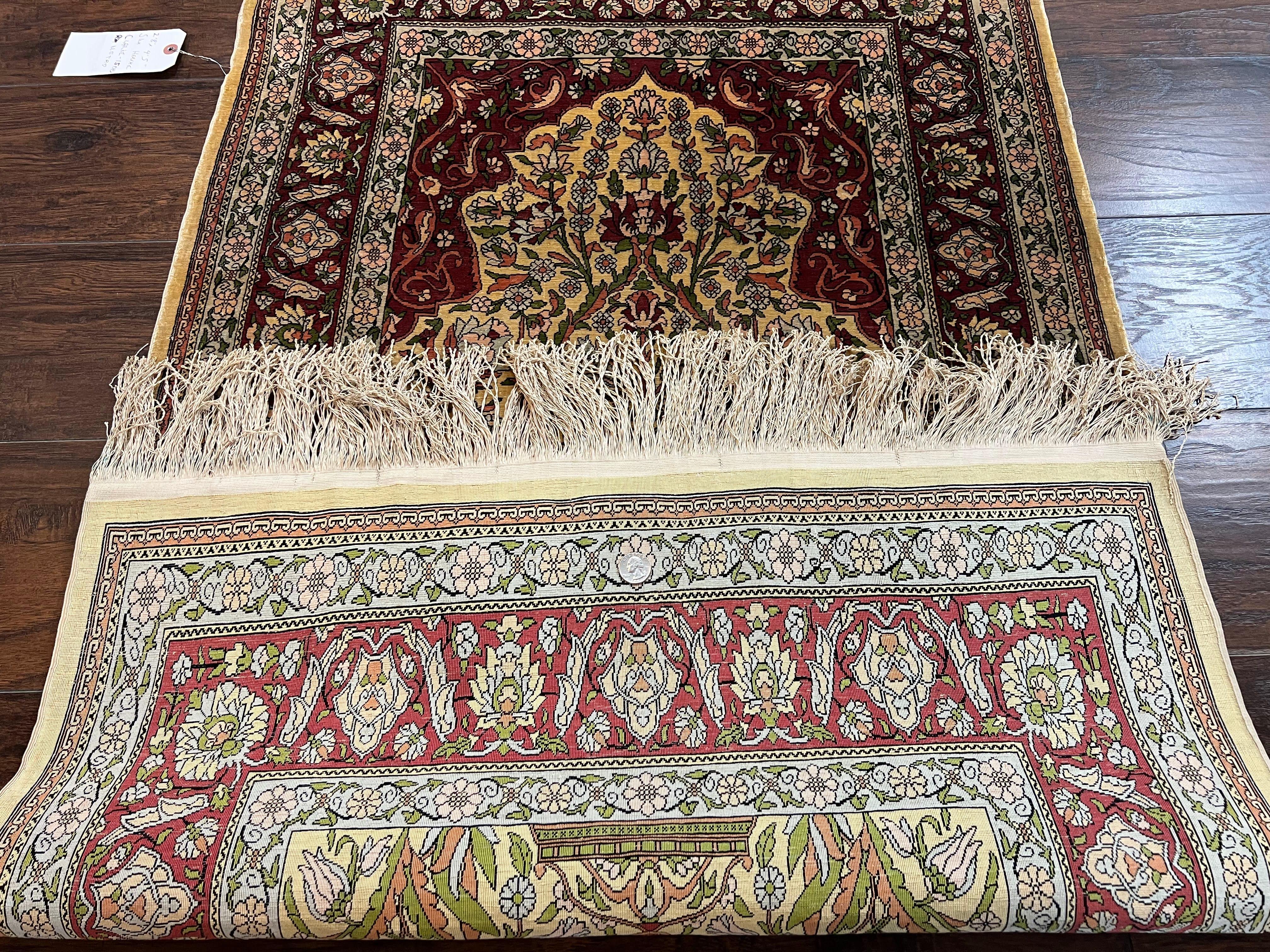 Wonderful Silk Turkish Hereke Prayer Rug 2.8 x 4.5, Tree of Life Design, Signature from Master Weaver, Gold and Burgundy, Handmade, 625 KPSI - Jewel Rugs