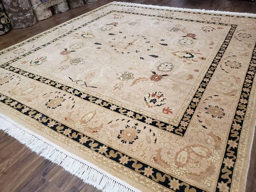Vintage Pak-Persian Square Room Sized Rug, 8 x 8.8 Hand-Knotted Handmade Wool Carpet Light Taupe Black, Decorative Square Area Rug 8x8 - 8x9 - Jewel Rugs