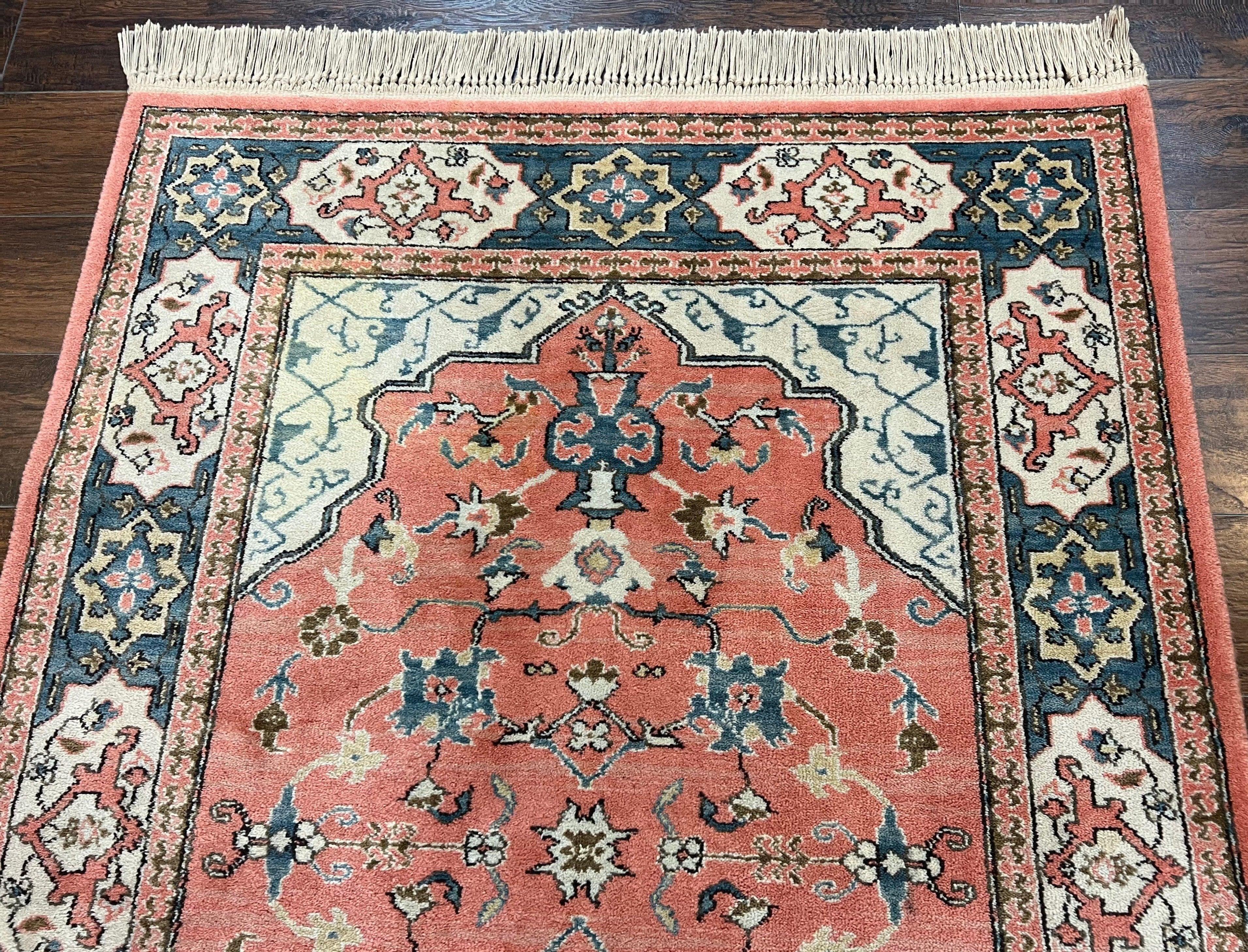 Karastan Rug 4x6 Bergama Design #737, Karastan Area Rug, Vintage Wool Karastan Carpet, Original Collection 700 Series, Salmon Red Light Blue - Jewel Rugs