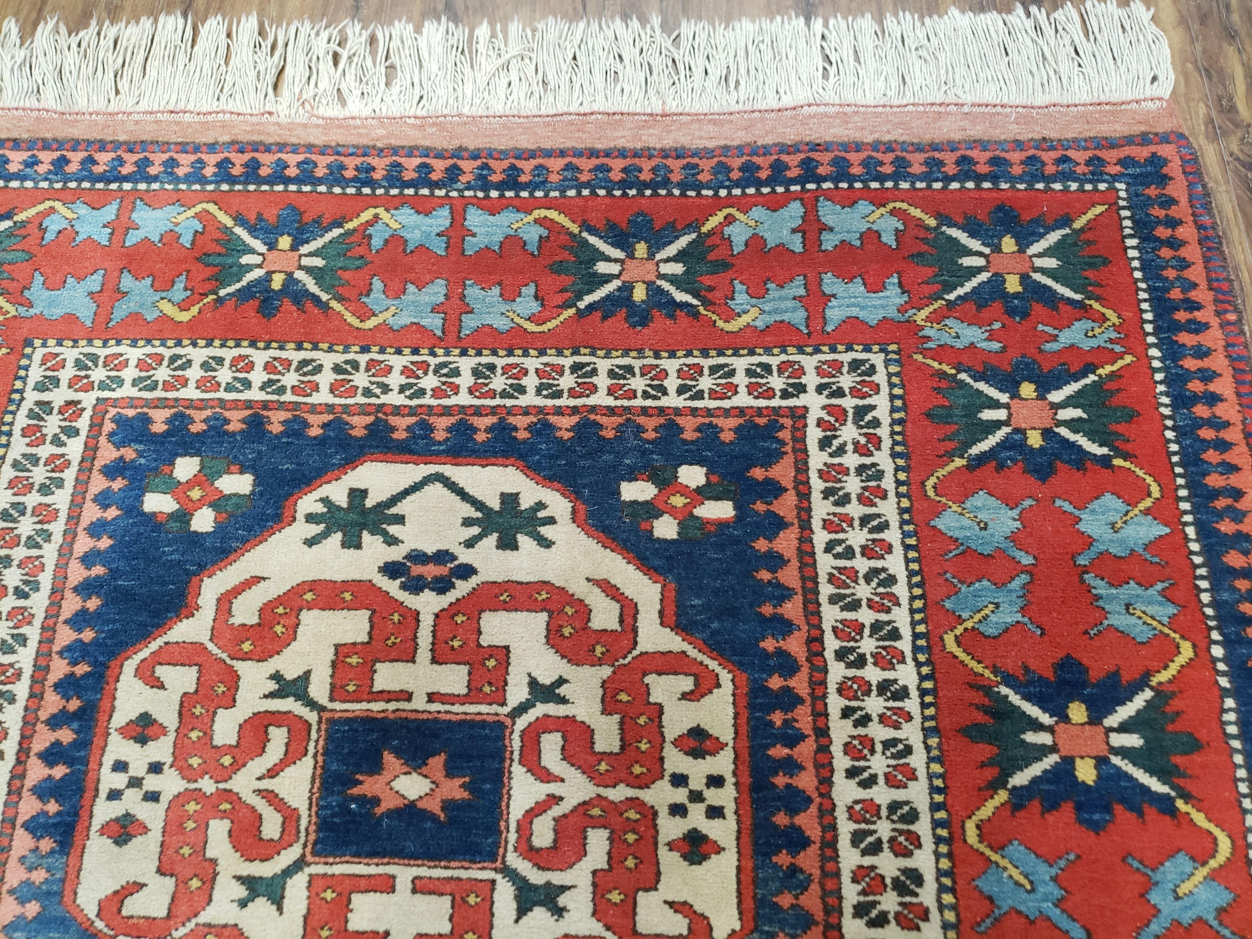 Turkish Kazak Rug 5x6 Vintage Handmade Wool Carpet Geometric Blue Red - Jewel Rugs