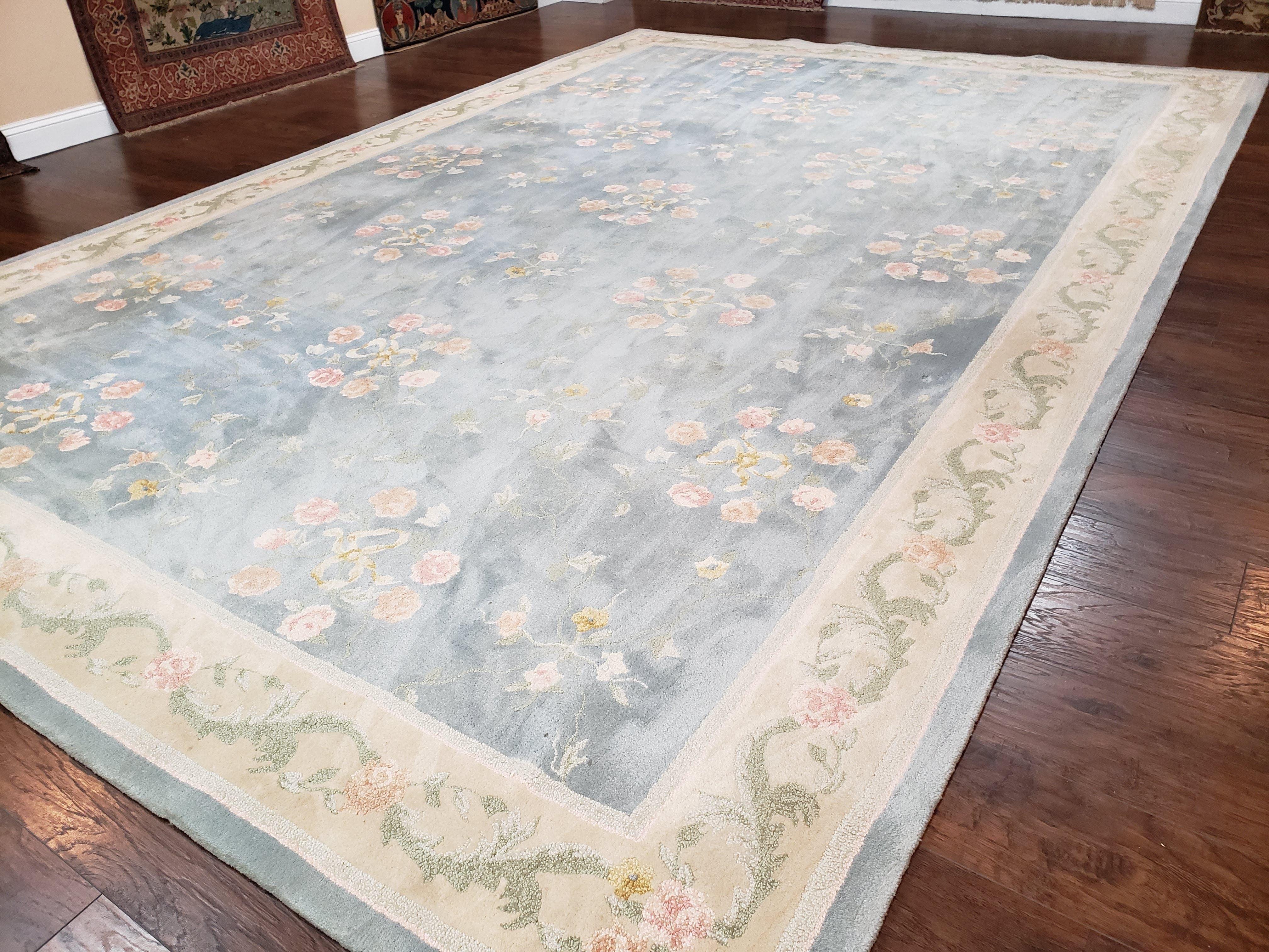 Vintage Edward Fields Room Size Area Rug 10x15, Wool Hand Tufted Light Blue Cream Floral American Carpet, 10 x 15 Large Living Room Rug - Jewel Rugs