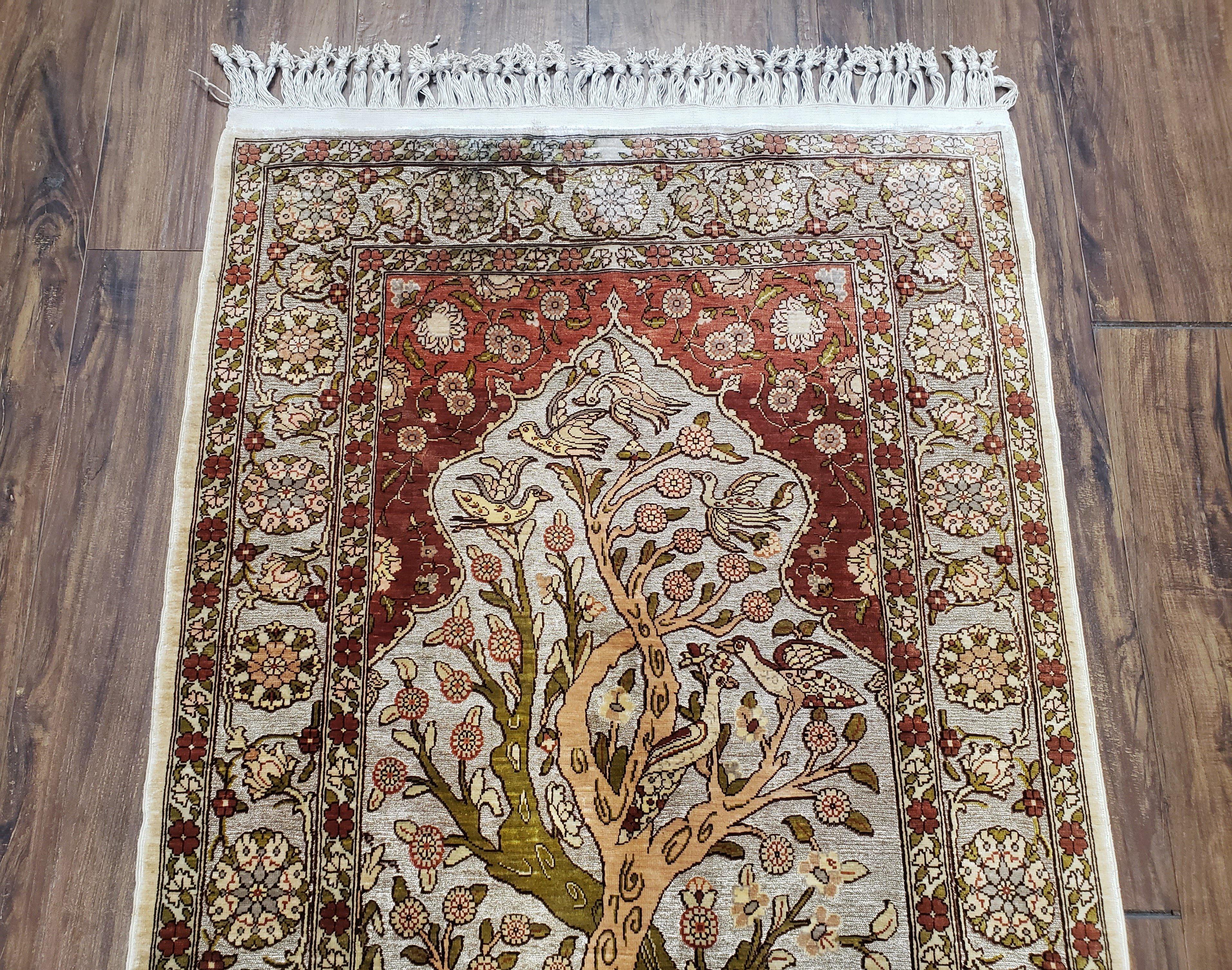 Turkish Hereke Silk Rug with Gold Threads, 2x3 Silk and Gold Oriental Carpet Tree of Life with Animals Very Fine Antique Vintage Top Quality - Jewel Rugs