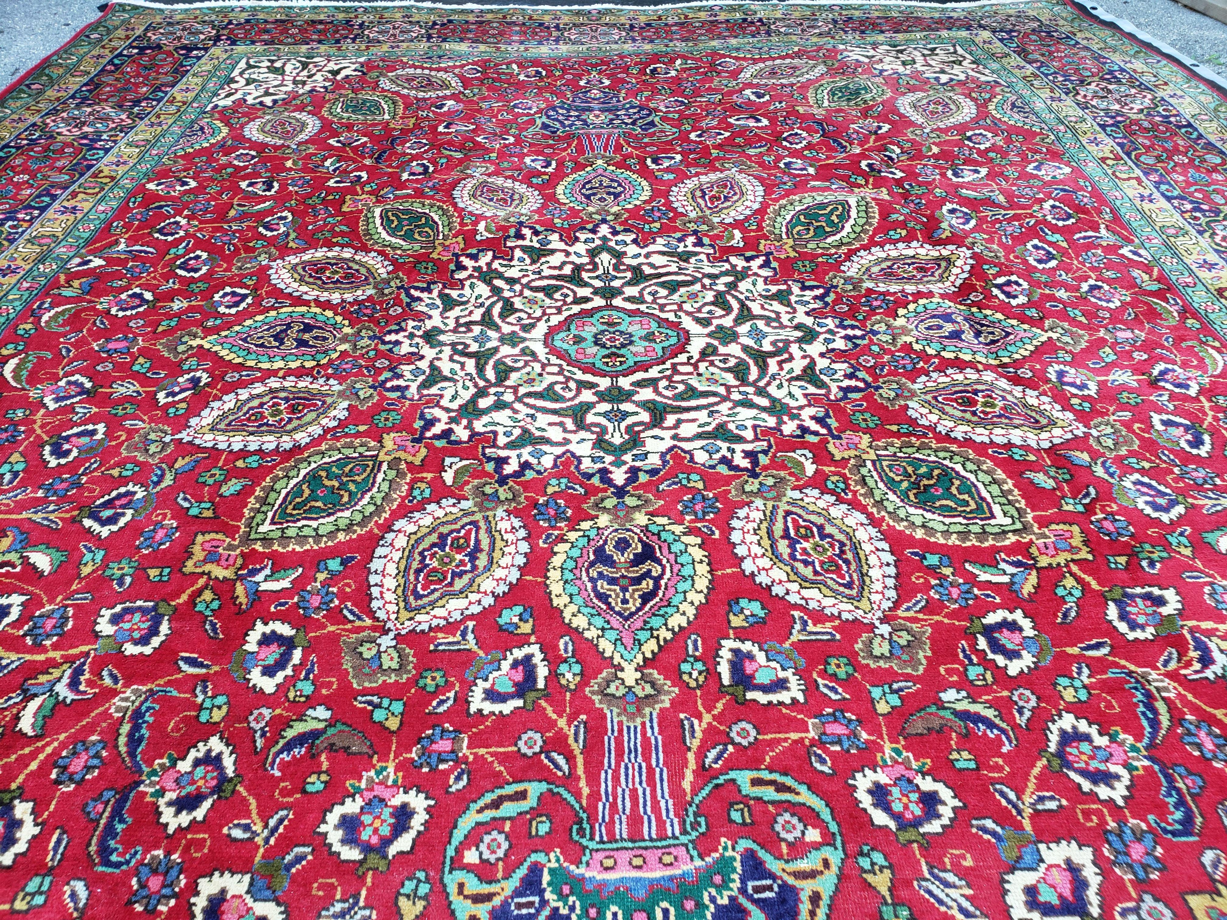Antique Persian Tabriz Rug 9' 7" x 12' 9", Central Medallion, Persian Vases, Flowers, Curvilinear Vines, Red Blue Ivory, 10x13, Hand-Knotted, Wool, Mustafi Design - Jewel Rugs
