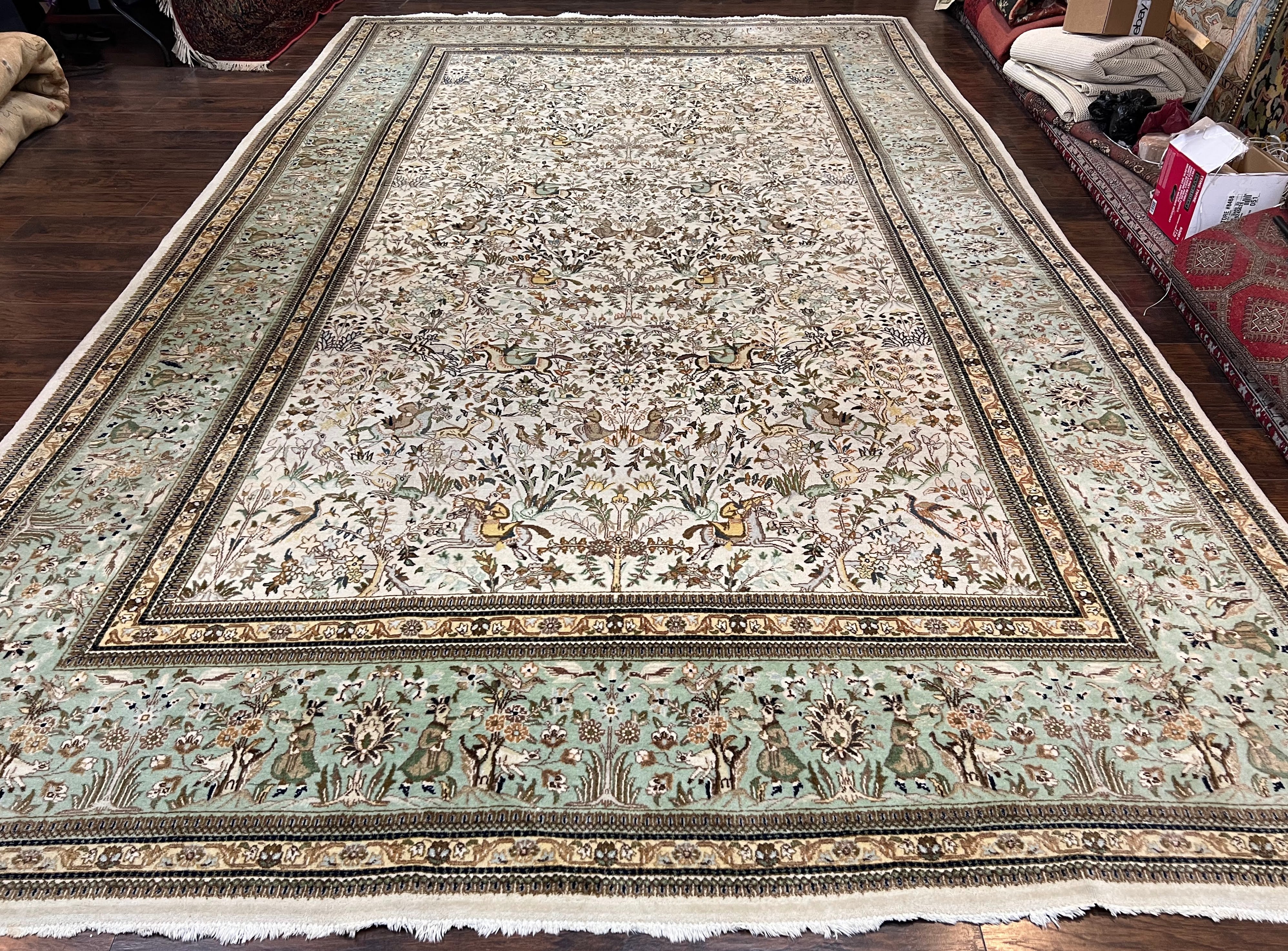 Wonderful Persian Tabriz Rug 10x16, Ivory and Light Green Oriental Carpet, Large Wool Handmade Rug 10 x 16, Floral, Hunting Scene Horsemen Animals - Jewel Rugs