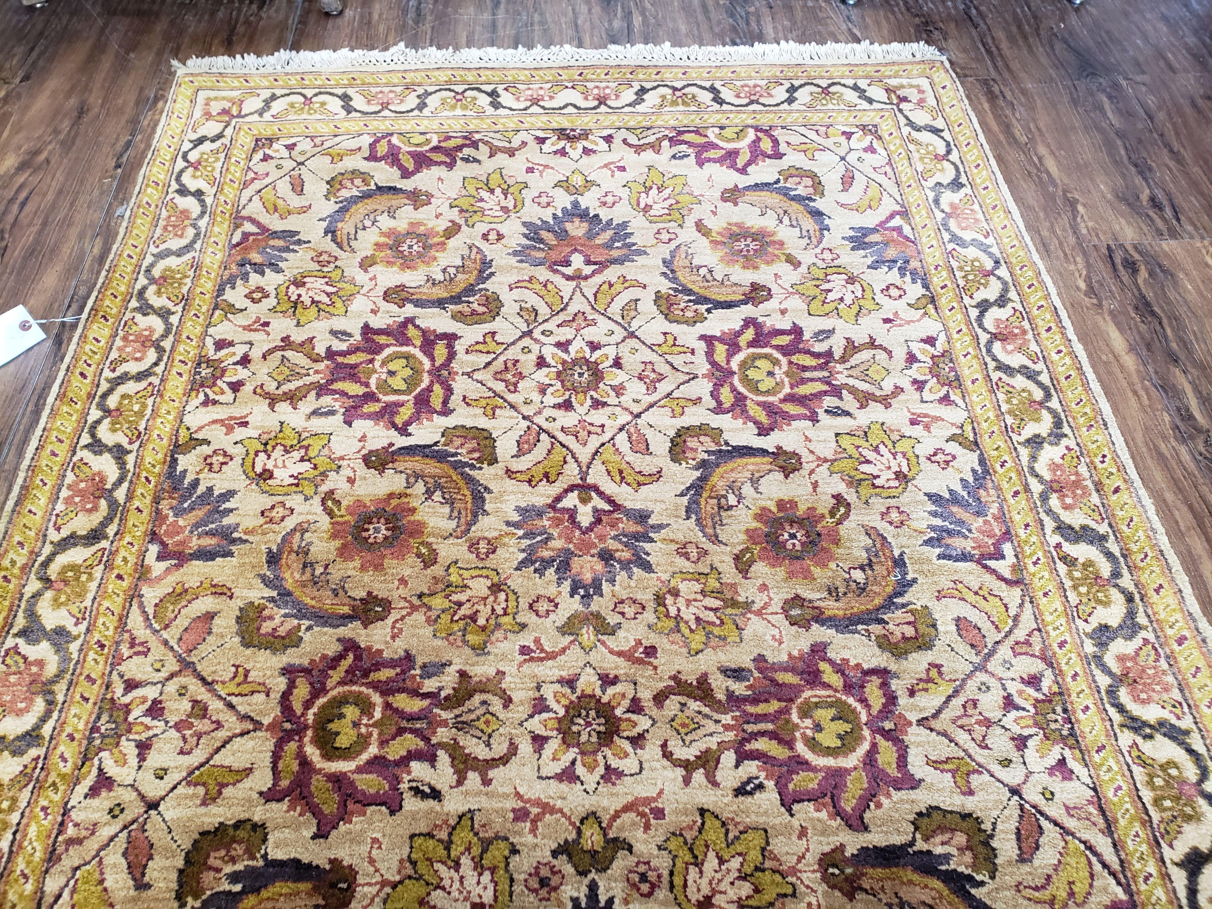 Indian Runner Rug 4x10, Handmade Hand Knotted Wool Oriental Runner Rug 4 x 10 Wide Runner, Vintage Corridor Hallway Runner, Tan Gold Floral - Jewel Rugs