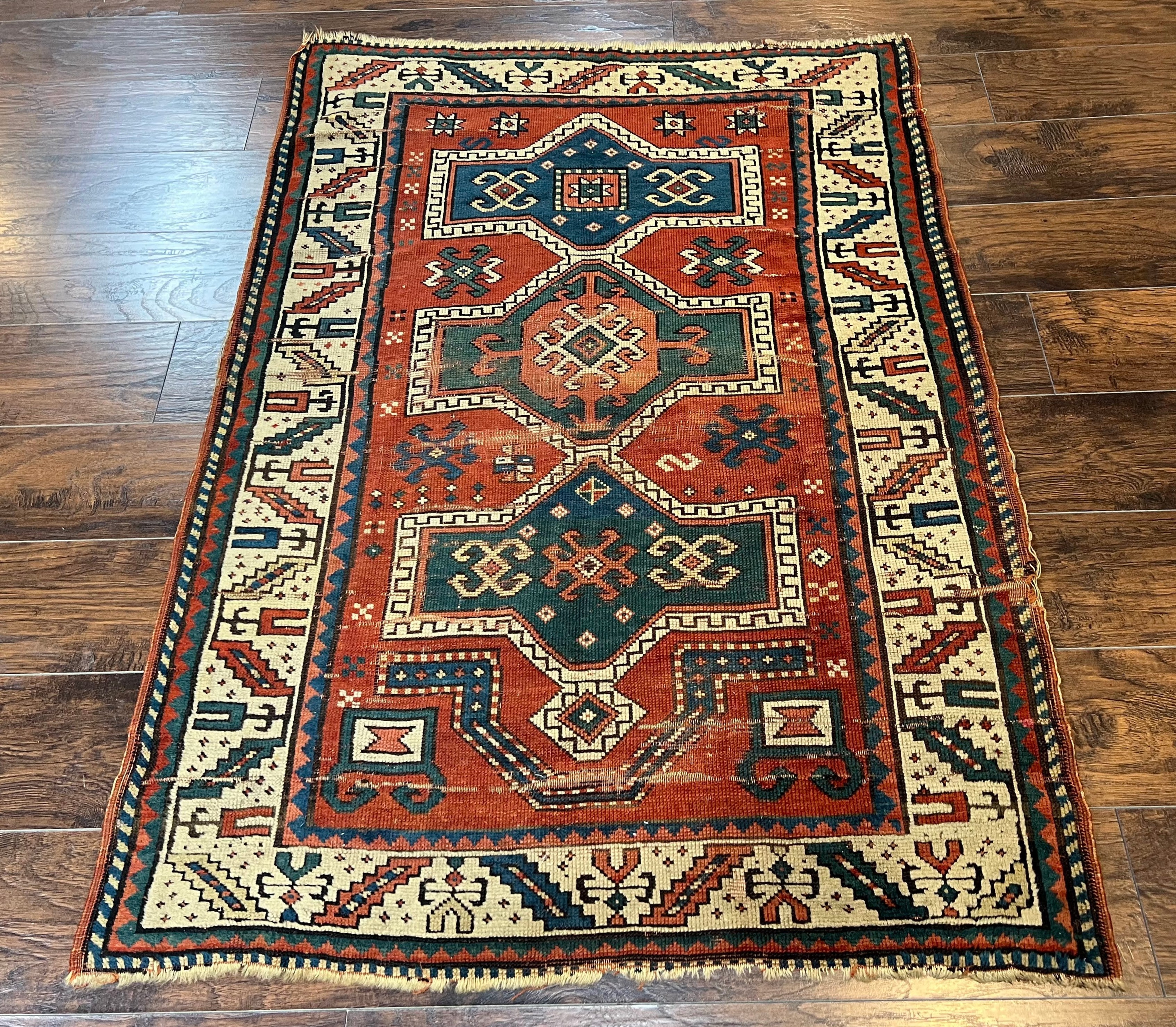 Antique Caucasian Rug 4x5, Geometric Kazak Rug circa 1920s, Hand Knotted Wool Oriental Carpet, Rust Red-Orange and Cream, Collectible Rug - Jewel Rugs