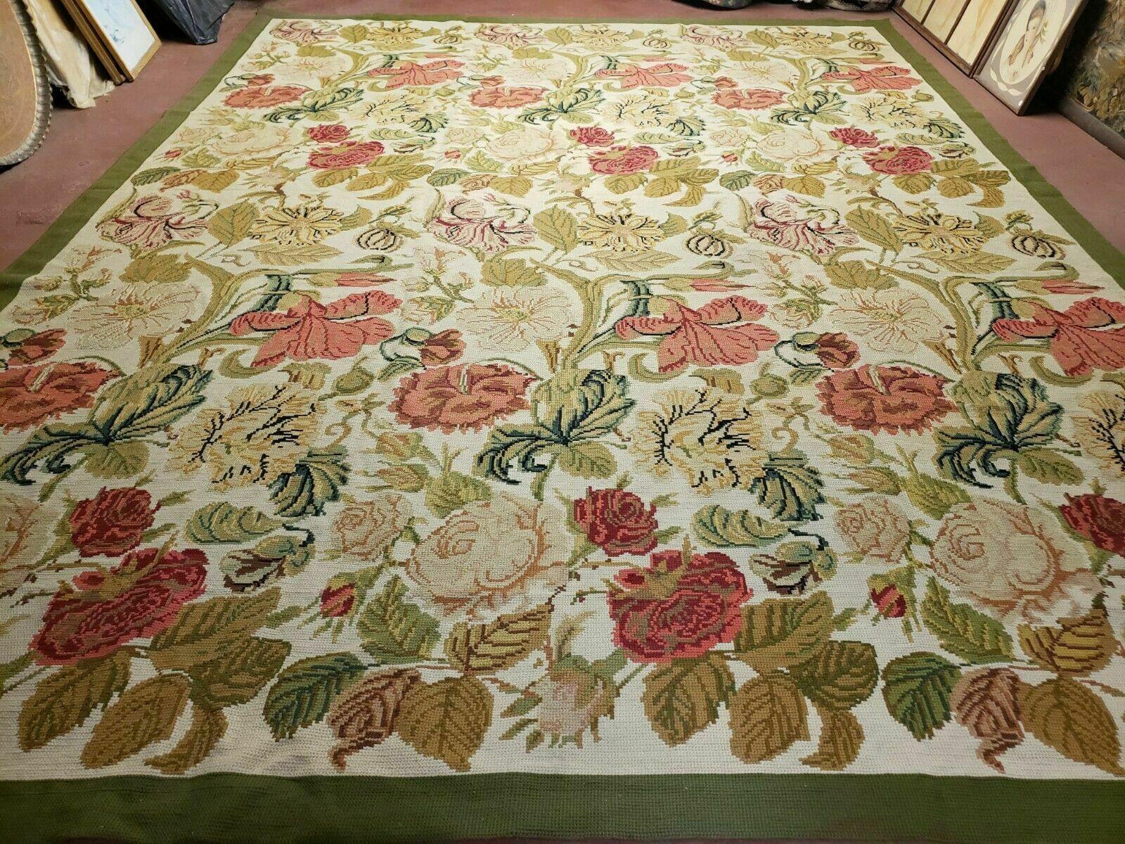 Needlepoint Rug 10x13 Handmade English Needlepoint Floral Roses Carpet Wool - Jewel Rugs