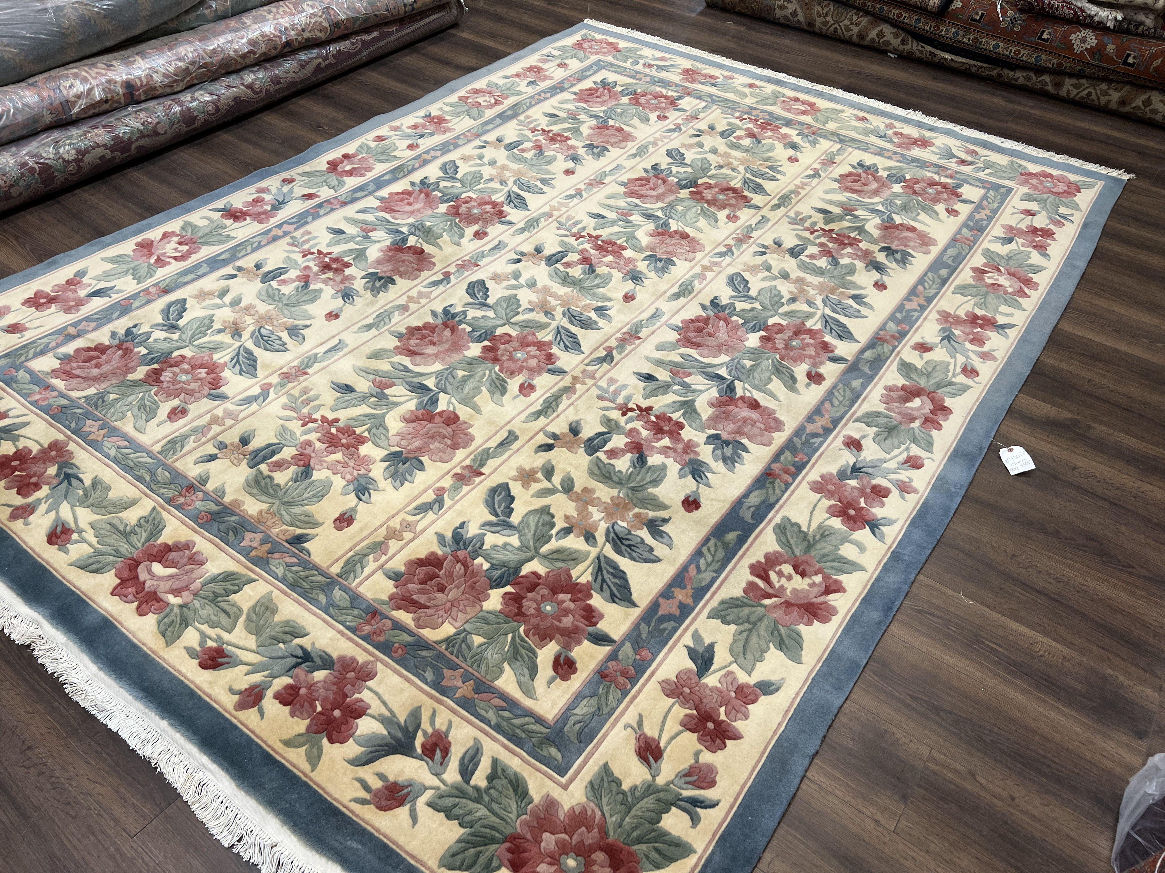 Chinese Wool Rug 8x11, Vintage 1960s Carpet, Cream and Teal, Floral Garden Panel, 8 x 11 ft Area Rug, Soft Handmade Room Sized 120 Line Rug - Jewel Rugs