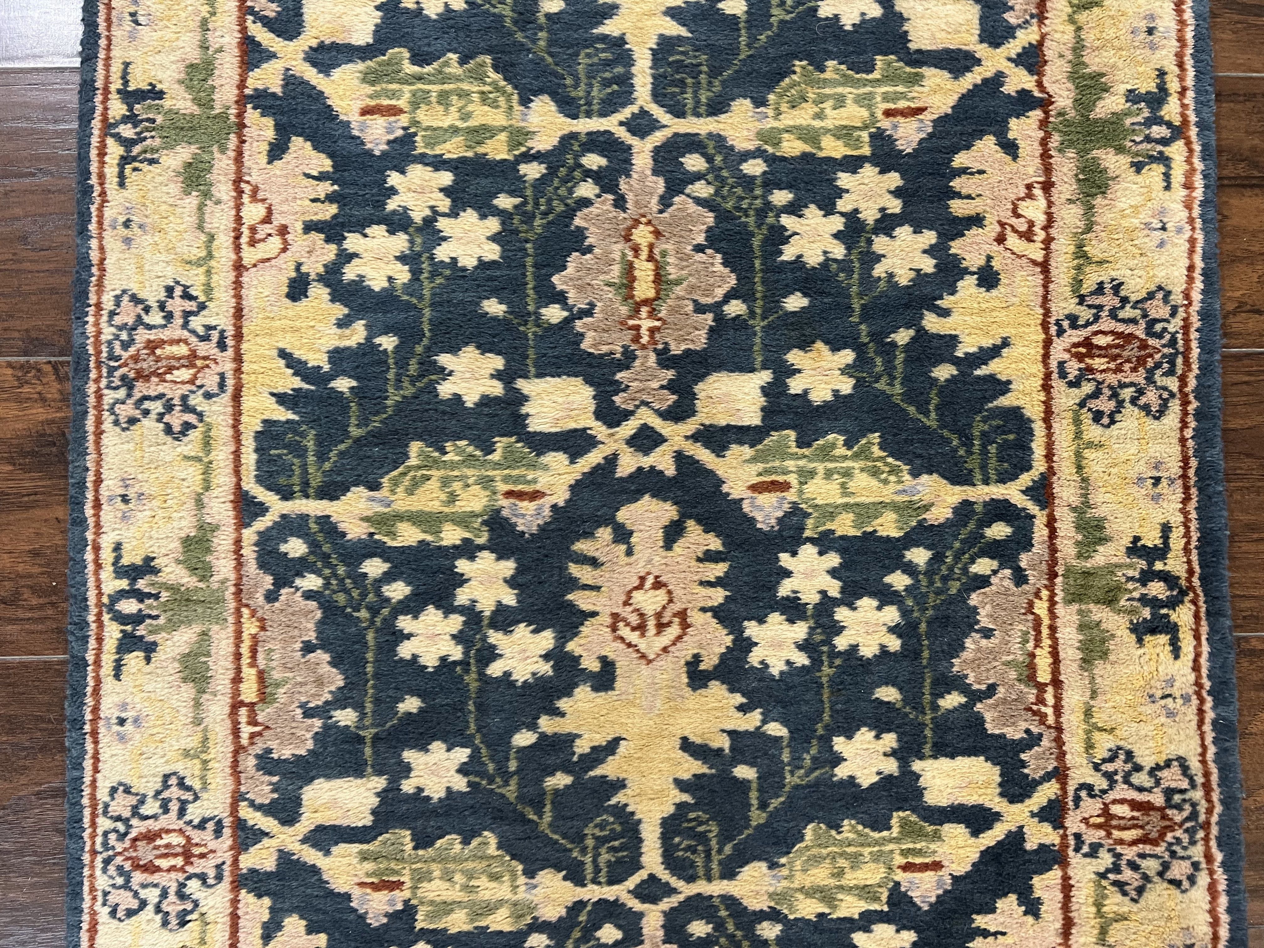 Indian Runner Rug 2.6 x 12, Navy Blue Beige Oriental Runner Rug 12ft Long, Narrow Hallway Runner, Wool Hand Knotted Indo Persian Mahal Rug - Jewel Rugs