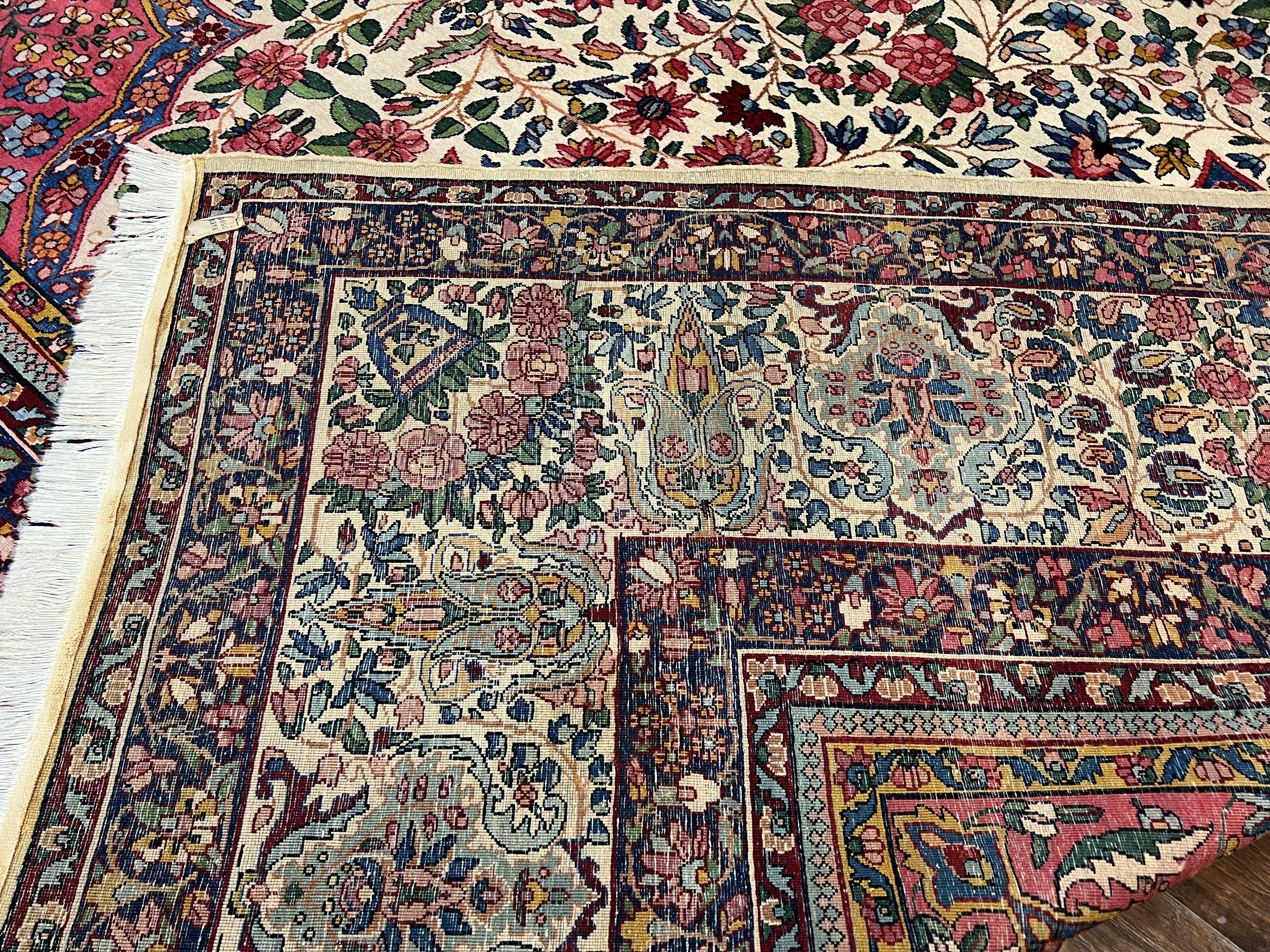 Spectacular Antique Persian Rug 12x19, Oversized Carpet 12 x 19, Palace Sized Hand Knotted Wool Rug, Floral Medallion, Kirman Lavar, Ivory Red - Jewel Rugs
