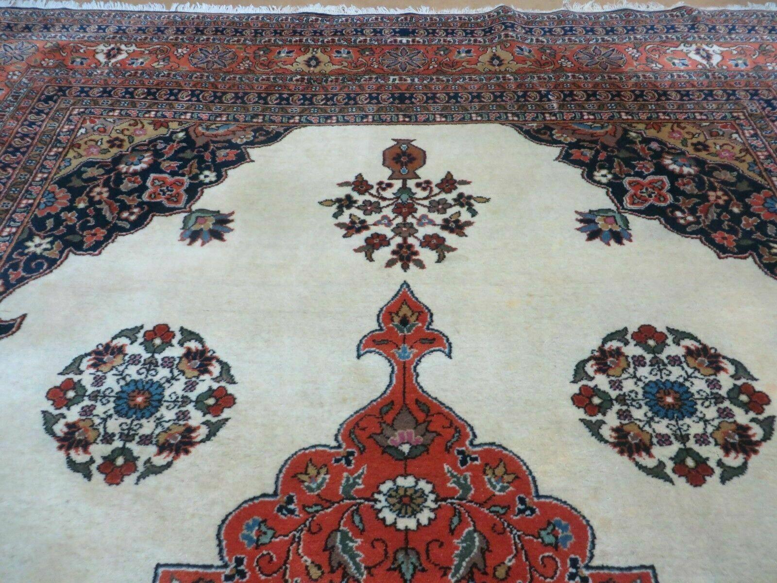 Indo Persian Rug 9x12, Semi Open Field Medallion, Ivory Tomato Red Navy Blue, Hand Knotted Indian Oriental Wool Carpet 9 x 12 ft, Room Sized - Jewel Rugs