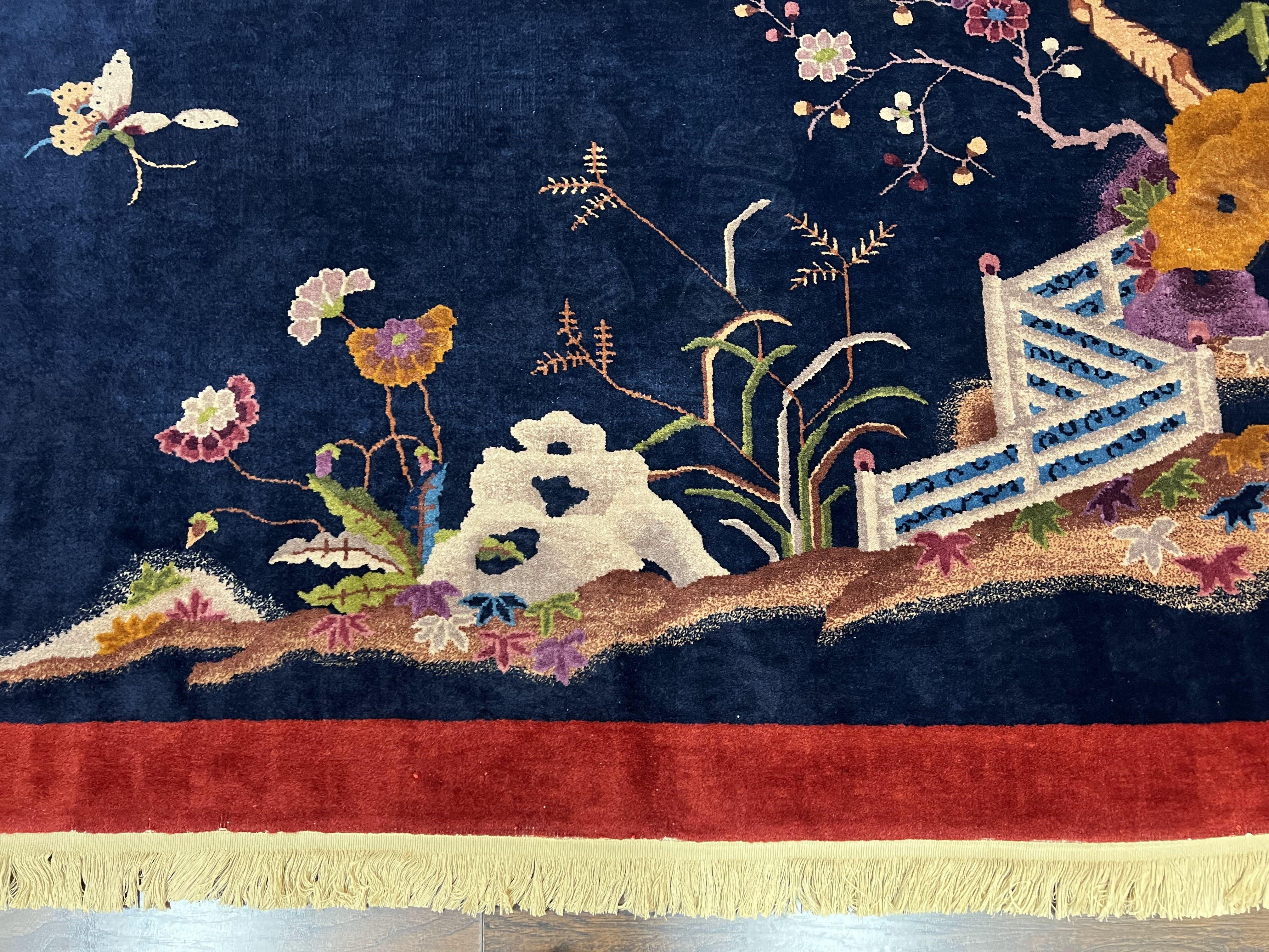 Chinese Art Deco Rug 8x10, Nichols Rug, Navy Blue and Red, Handmade Wool Carpet 8 x 10, Semi Antique Vintage Asian Oriental Rug, Butterflies - Jewel Rugs