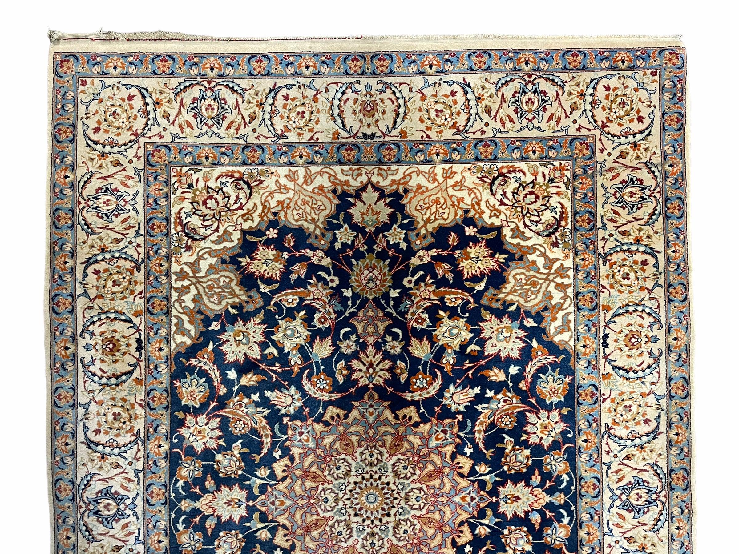 Persian Isfahan Rug 4x5, Navy Blue & Ivory, Wool and Silk Highlights - Jewel Rugs