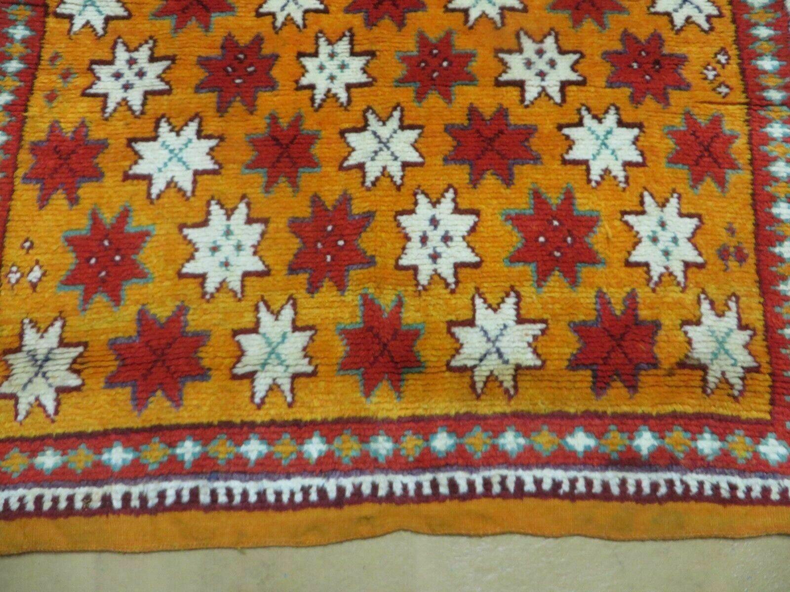 Vintage Moroccan Rug 4x5, Orange Ivory Red, Geometric Stars, Repeated Motif Allover, Hand Knotted Soft Wool Area Rug, Tribal Oriental Carpet - Jewel Rugs