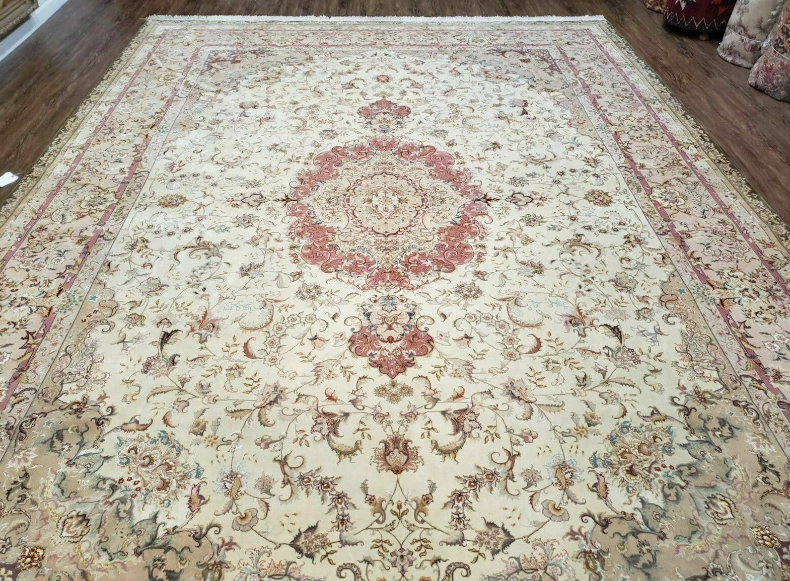 Stunning Sino Persian Rug 9x12, Wool Pile on Silk Foundation, Luxury Elegant Hand Knotted Carpet, Floral Medallion, Very Fine, Cream Salmon - Jewel Rugs