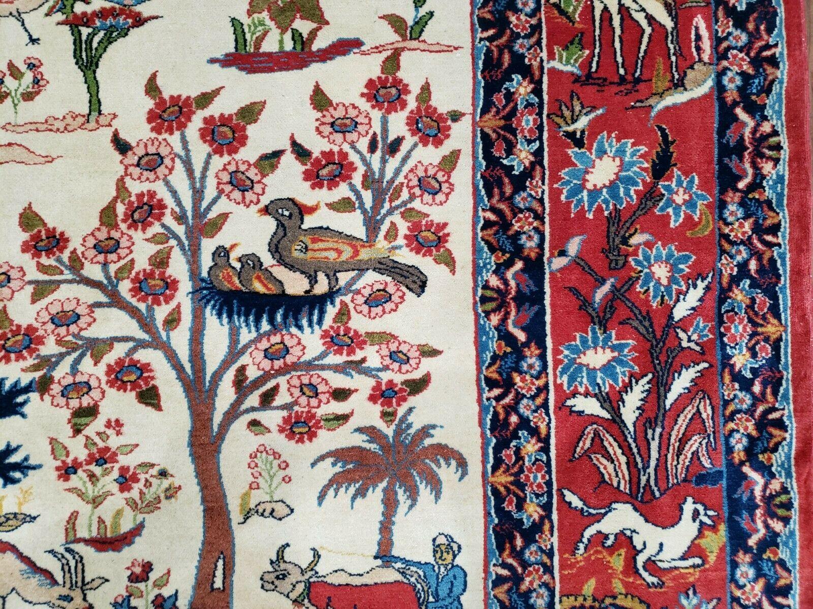 Antique Persian Isfahan Rug 5x7, Animal and Human Pictorials, Hand Knotted Fine Oriental Wool Carpet, Cream and Red, High KPSI, Vintage Rug 5 x 7 ft - Jewel Rugs