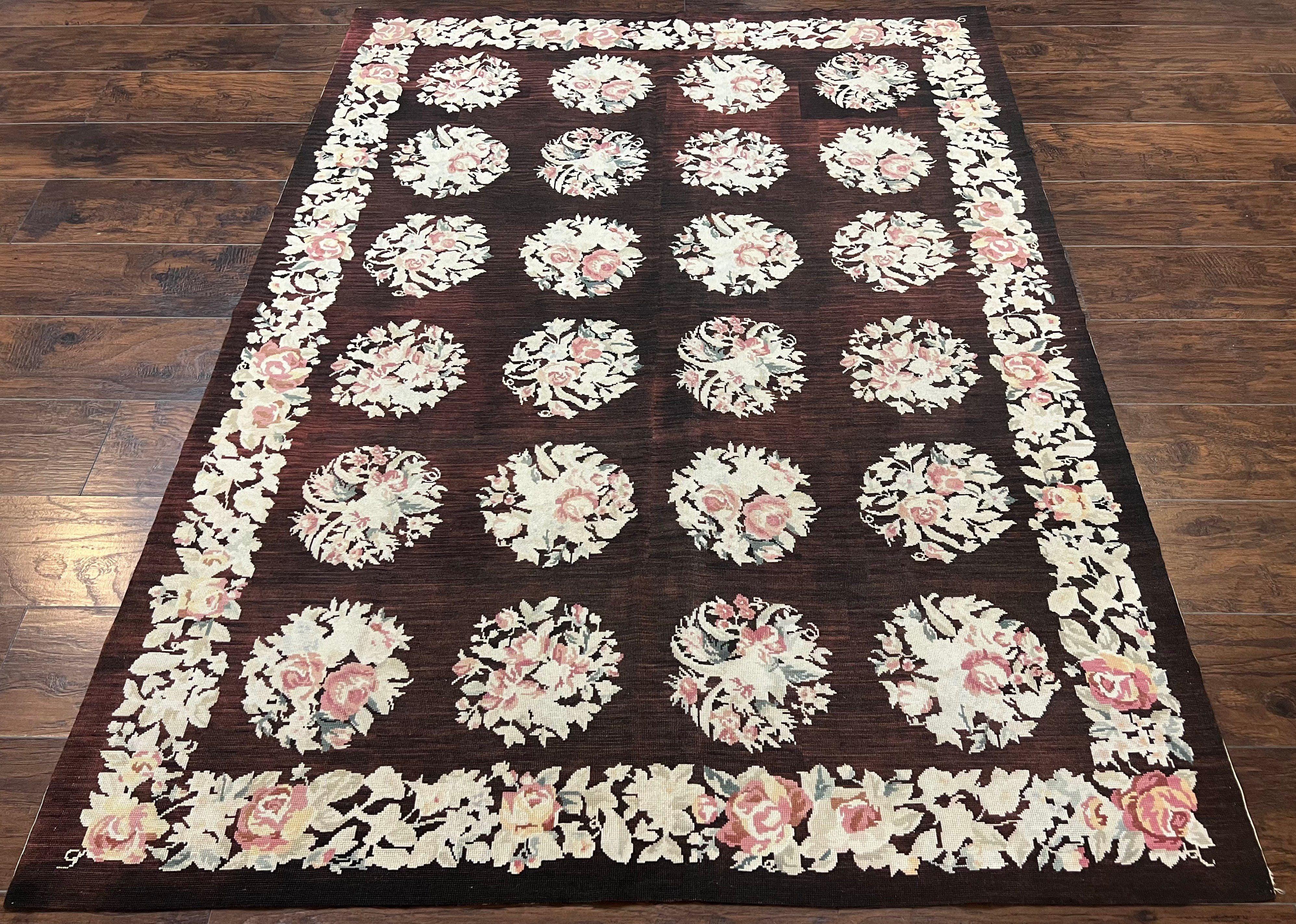 Floral Needlepoint Rug 5x7, Repeated Floral Motifs, Eggplant Color, Handmade Wool Vintage Needlepoint Area Rug 5 x 7 ft, Flatweave Rug - Jewel Rugs