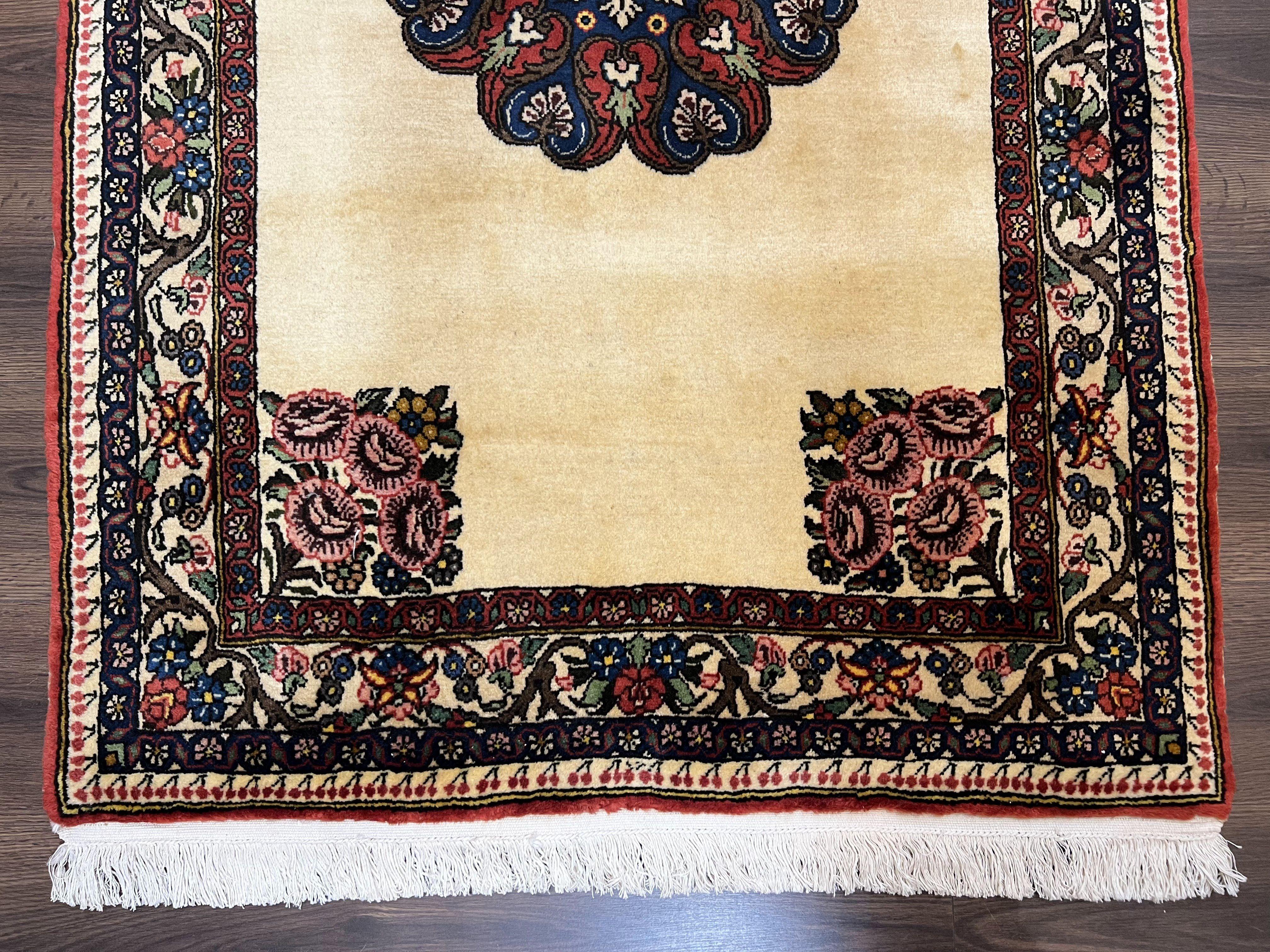 Persian Bidjar Rug 3x5, Open Field Medallion, Hand Knotted, Ivory/Cream Red Blue, Wool Oriental Bijar Carpet, 3 x 5 Vintage Area Rug, Floral Roses, Fine - Jewel Rugs