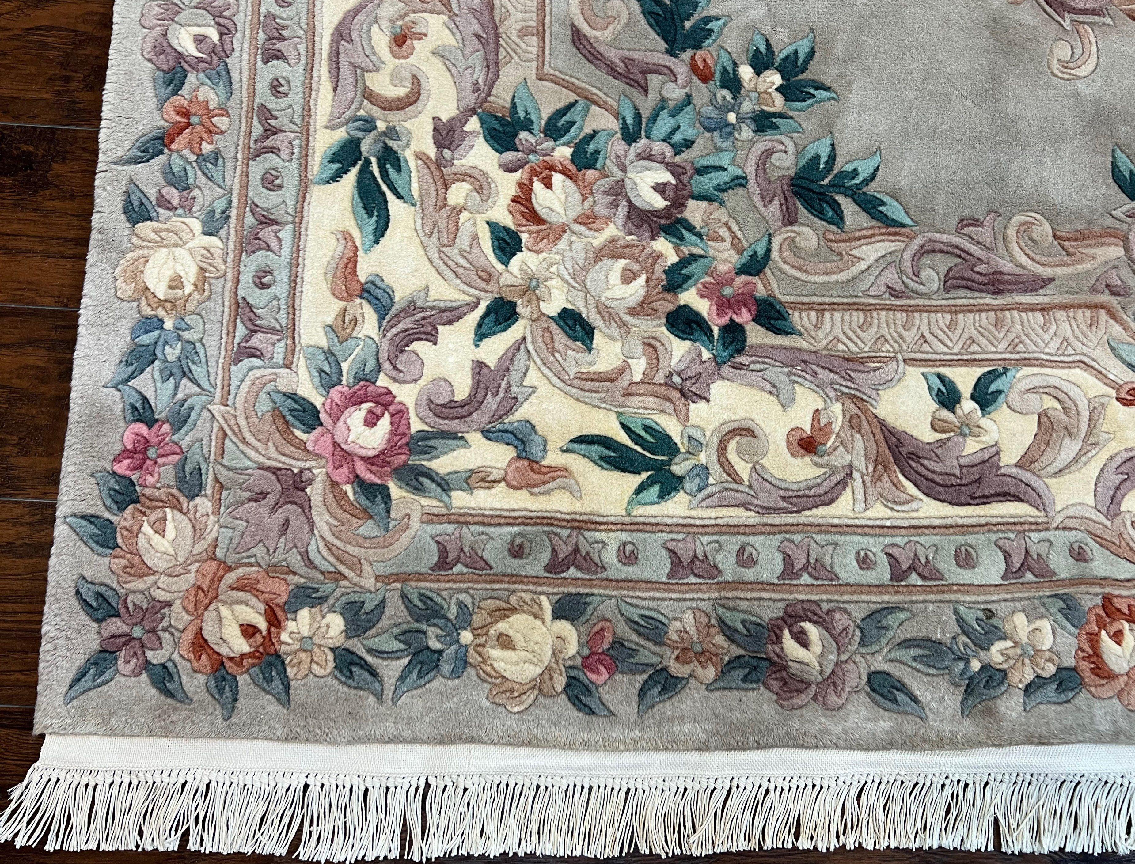 Chinese Wool Rug 8x8 ft, Square Chinese 90 Line Carpet, Gray and Cream, Chinese Aubusson Rug, Art Deco Carpet, Handmade Vintage Wool Rug - Jewel Rugs