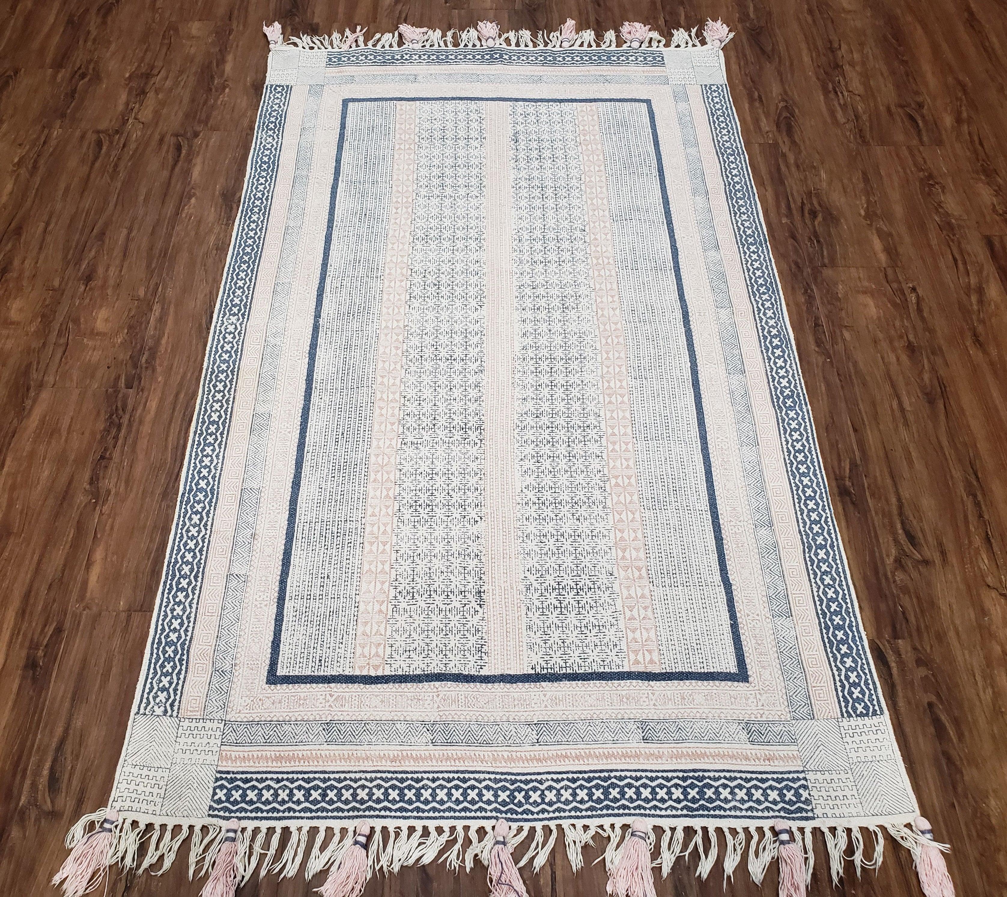 Vintage Moroccan Kilim Area Rug 4x6, Ivory & Blues, Moroccan Wall Hanging, Wool, Handmade, 3'9" x 6' 1", Boho Rug, Flatweave Moroccan Carpet - Jewel Rugs