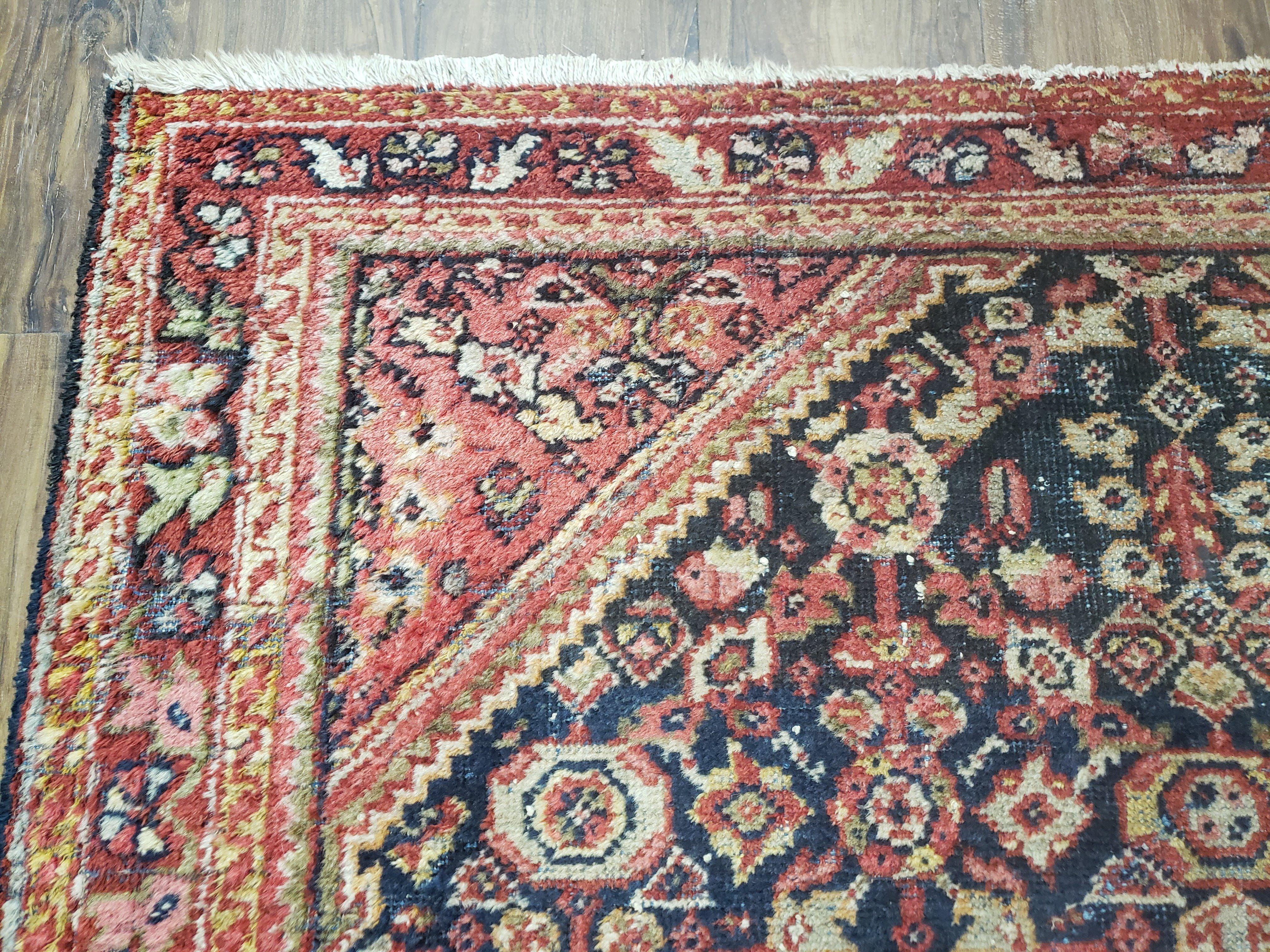 Antique Persian Mahal Area Rug 4.4 x 6.6, Wool Hand-Knotted Shabby Chic Oriental Rug, Red Black 1930s Foyer Room Carpet, Low Pile Boho Rug - Jewel Rugs
