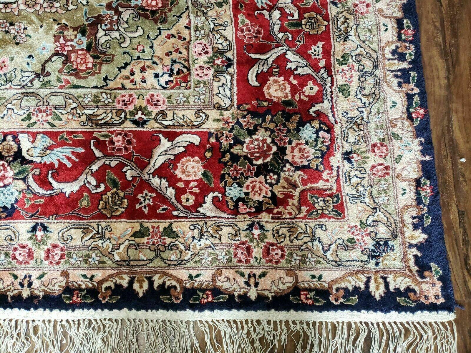 Indian Silk Kashmiri Rug 9x12, Room Sized Silk Carpet, Handmade Hand Knotted Oriental Rug 9 x 12, Navy Blue Red Tan Floral Medallion Birds - Jewel Rugs