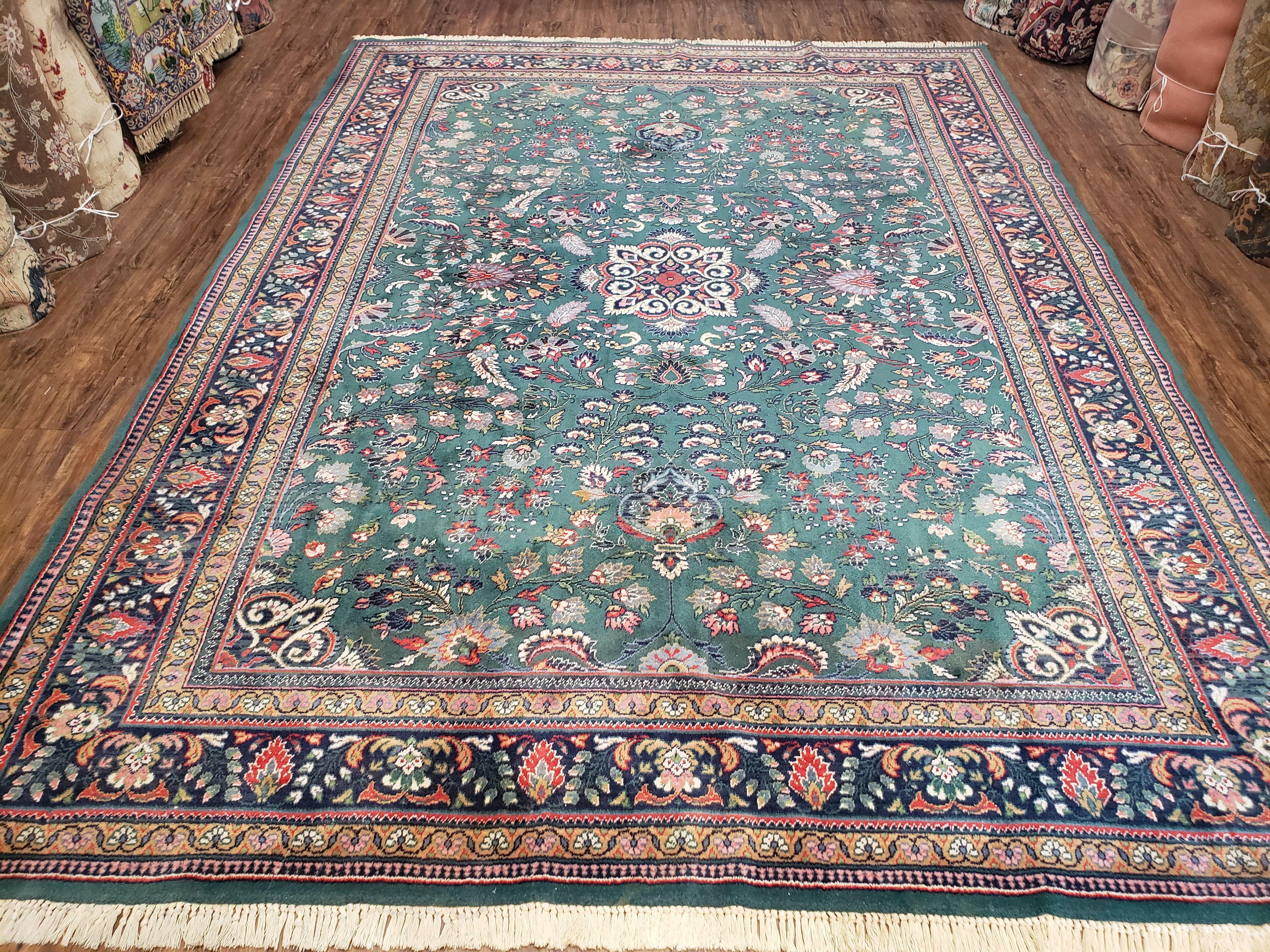 Vintage Traditional Oriental Rug, Pine Green & Midnight Blue Carpet, Louis de Poortere, 8x11 Belgium Power-Loomed Rug, Allover Floral Design - Jewel Rugs