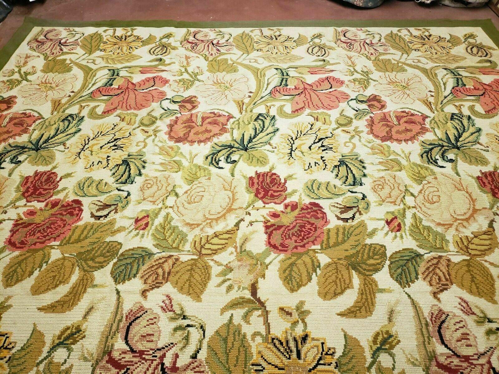 Needlepoint Rug 10x13 Handmade English Needlepoint Floral Roses Carpet Wool - Jewel Rugs