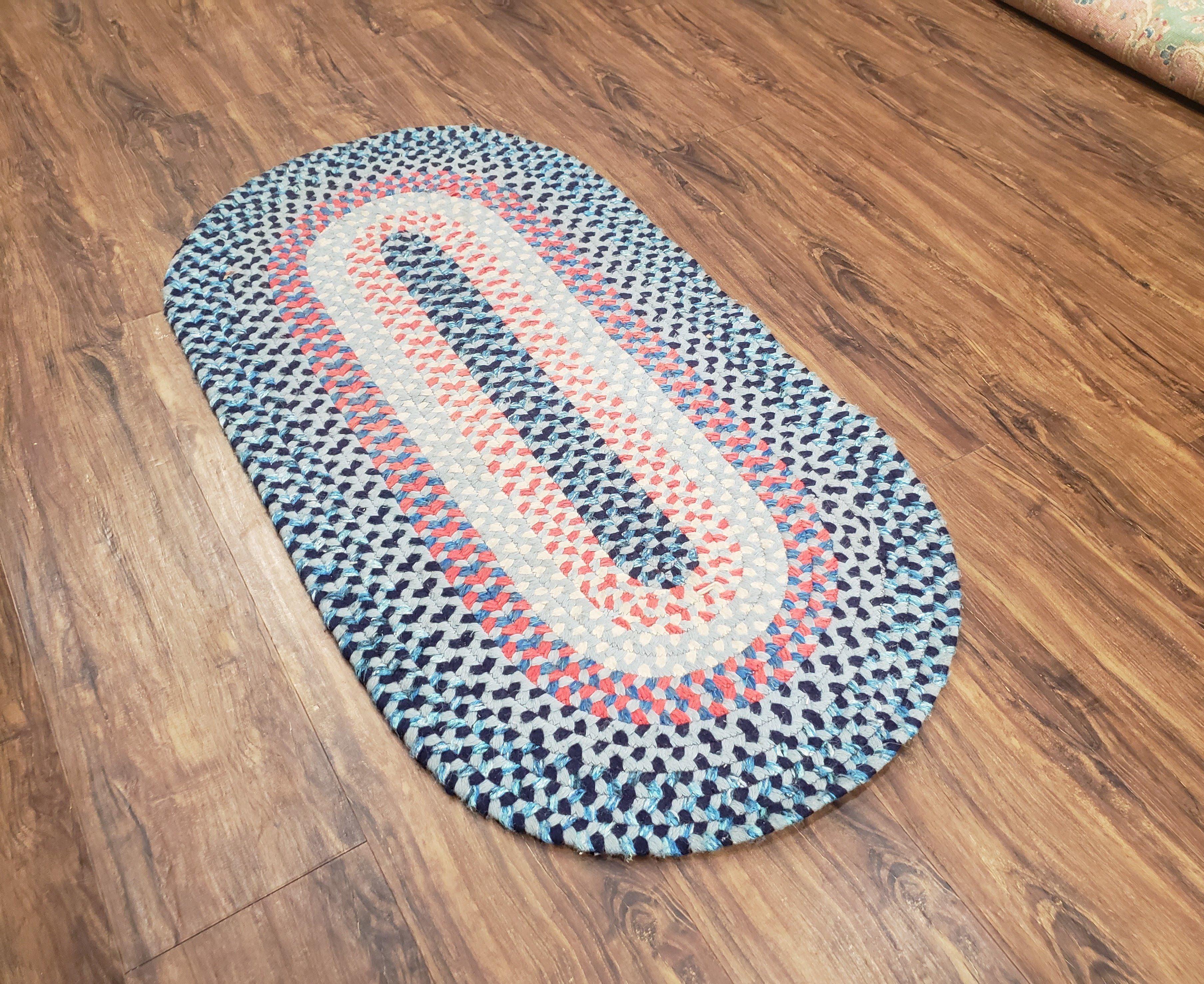 Oval Braided Rug, American Braided Rug, Multicolor Colorful, Blue Teal Cream Pink, 2x4 Oval Rug, Vintage 1960s Rug - Jewel Rugs