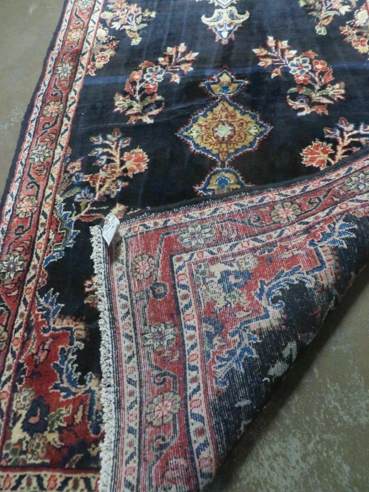 Persian Runner Rug 3.7 x 10.9, Antique Persian Lilihan Lilian Sarouk Wool Handmade Oriental Tribal Hallway Runner, Navy Blue Red Cream, Floral Semi Open Field Medallion - Jewel Rugs