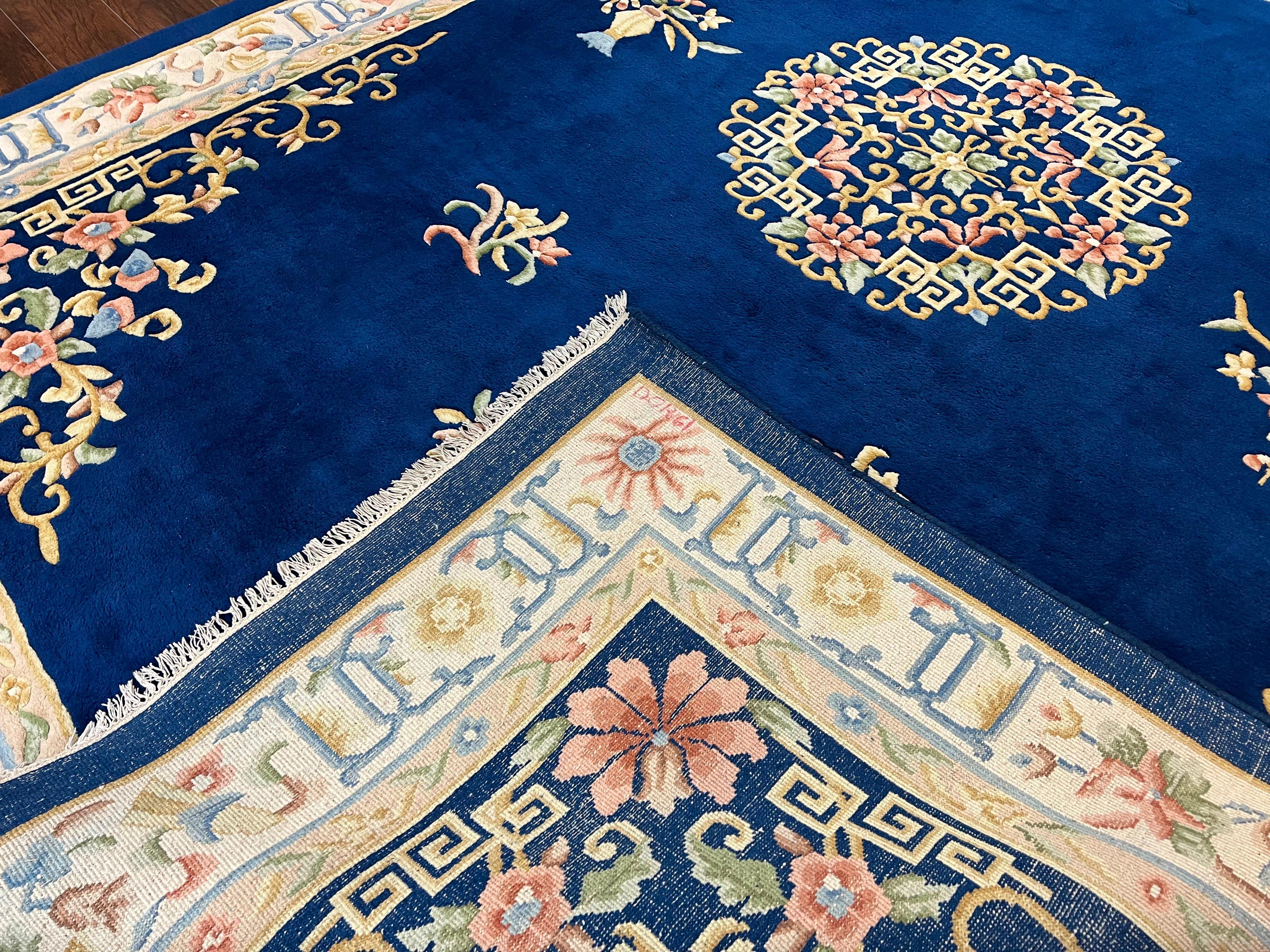 Indo Chinese Wool Rug 10x14, Navy Blue and Beige Hand Knotted Large Asian Oriental Carpet 10 x 14, Handmade Art Deco Vintage Floral Rug - Jewel Rugs