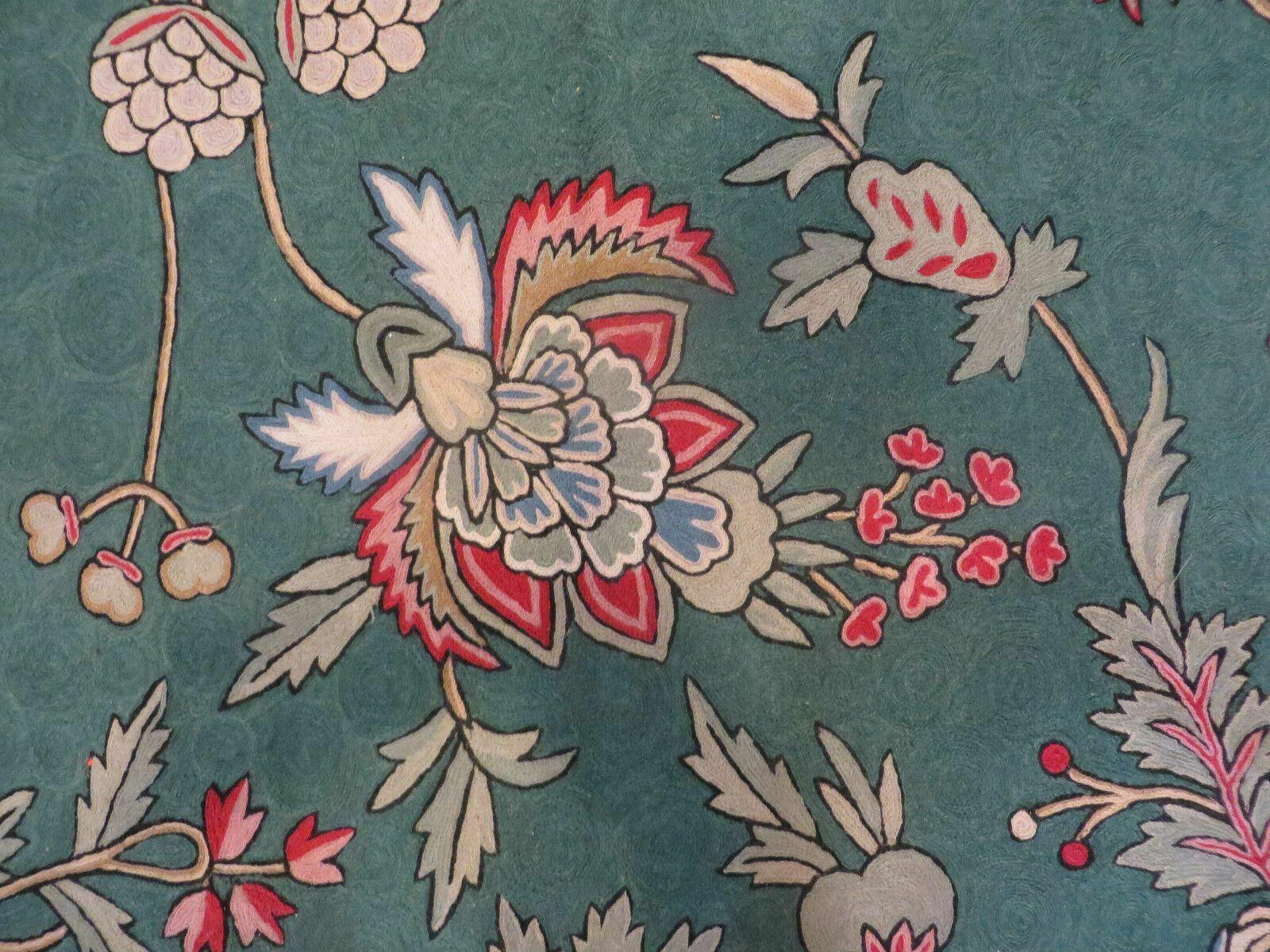 7' X 10' Vintage Handmade Indian Embroidery Hand Stitched Green Rug Wool - Jewel Rugs