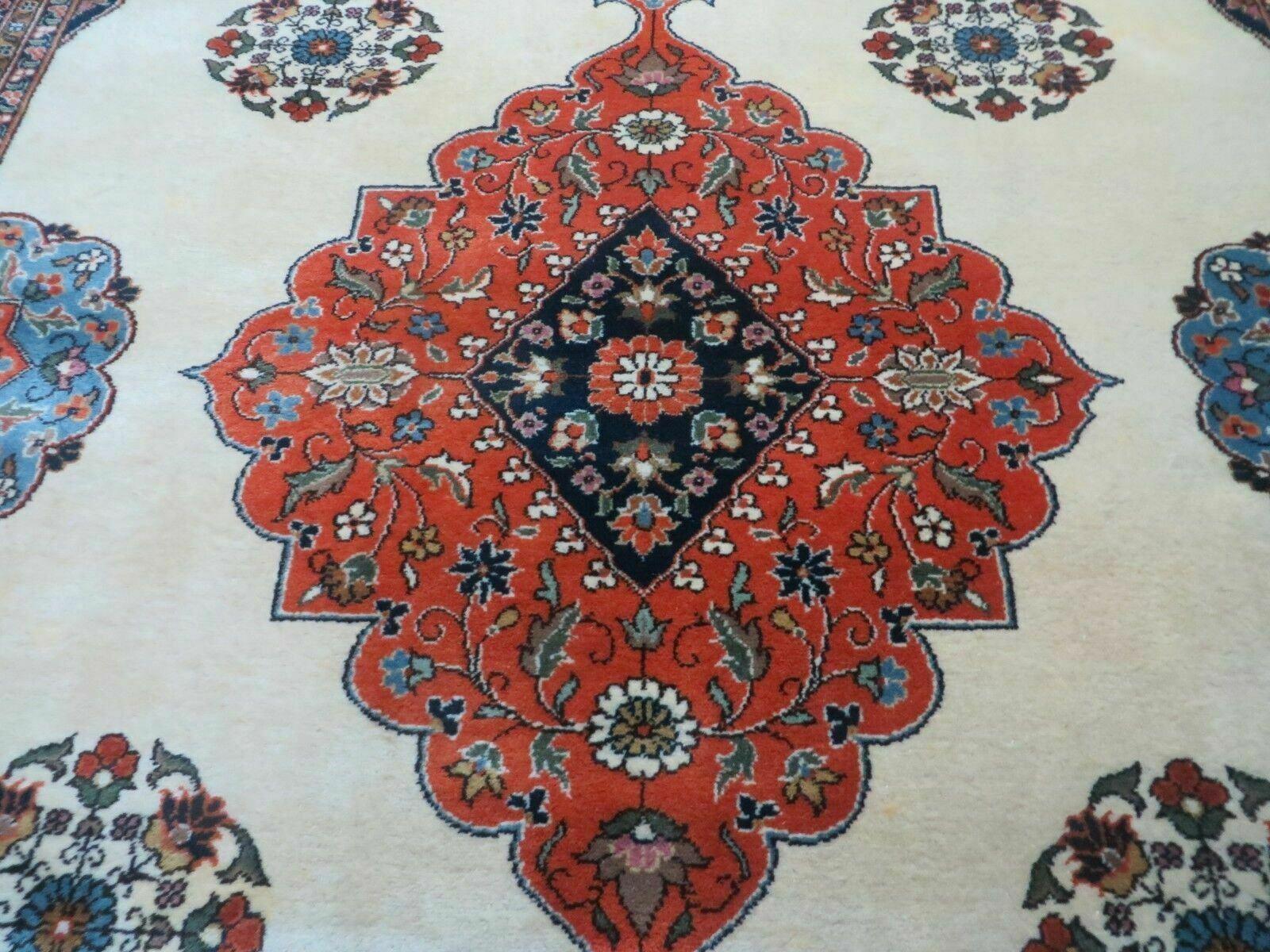 Indo Persian Rug 9x12, Semi Open Field Medallion, Ivory Tomato Red Navy Blue, Hand Knotted Indian Oriental Wool Carpet 9 x 12 ft, Room Sized - Jewel Rugs