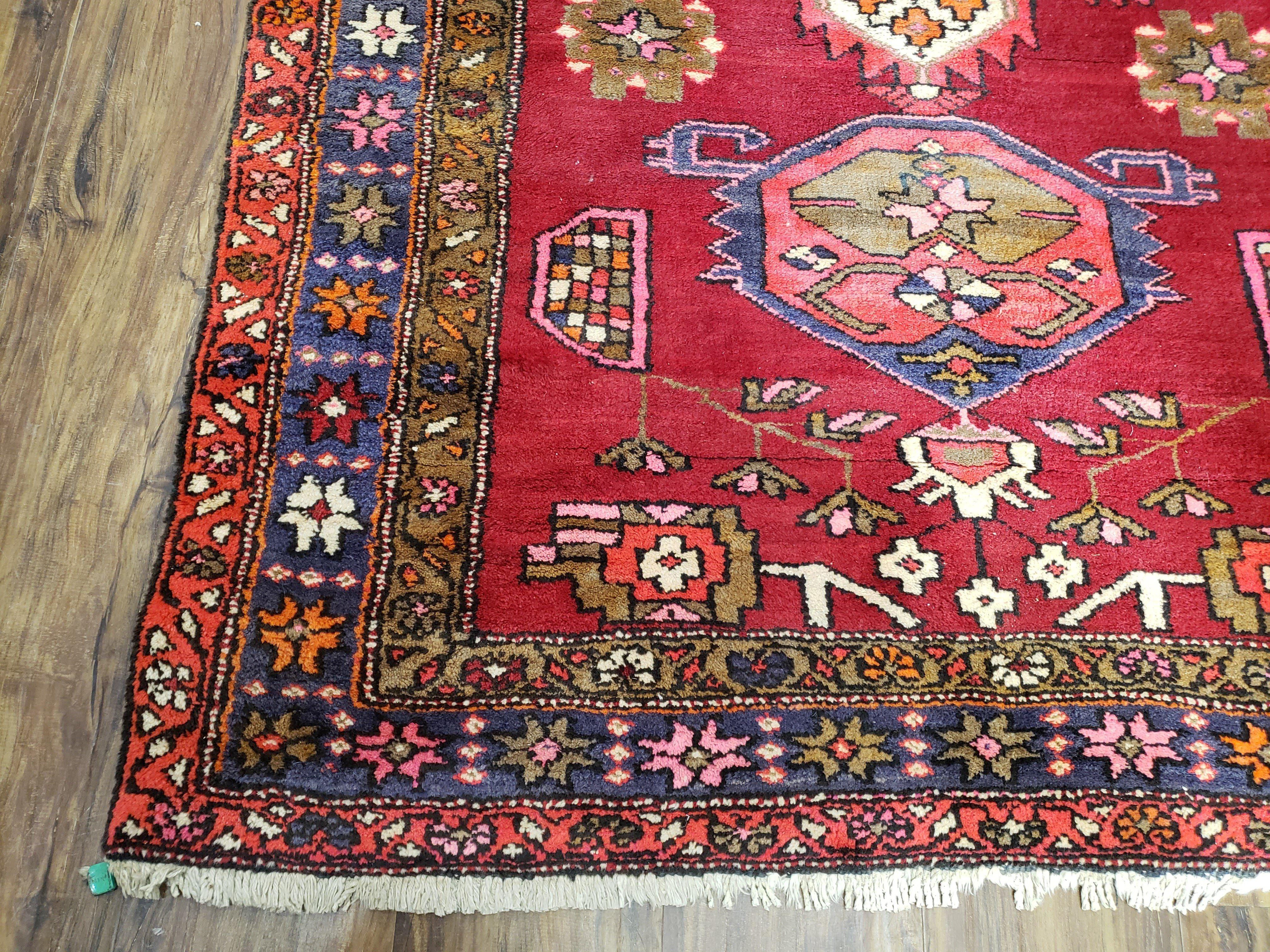 Antique Persian Karajeh Runner Rug 4.4 x 11 ft, Red Colorful Bold Vintage Tribal Geometric Heriz Runner, Village Runner, High Quality Handmade, 11ft Runner - Jewel Rugs