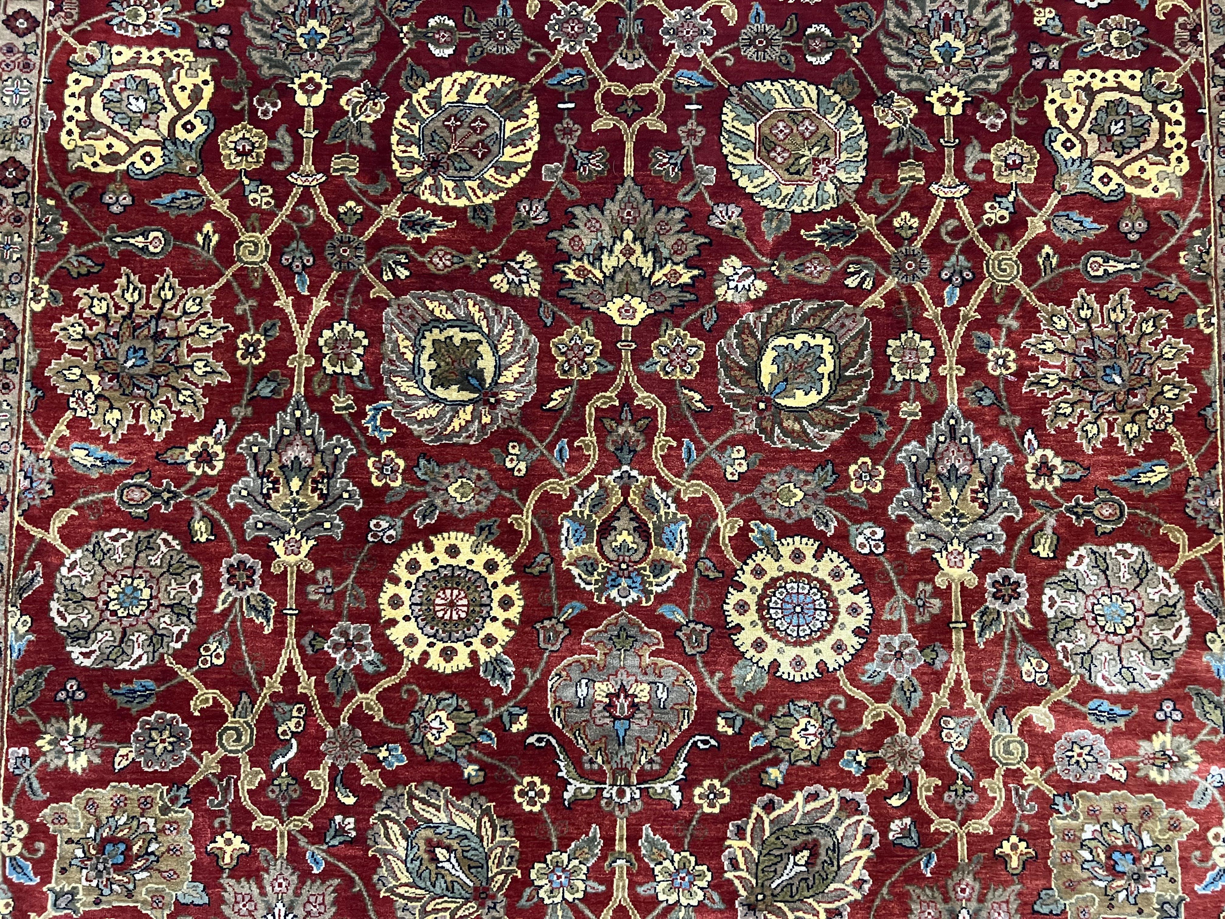 Indo Persian Rug 9x12, Hand Knotted Traditional Indian Wool Oriental Carpet 9 x 12 ft, Maroon and Navy Blue, Floral Allover 9x12 Vintage Rug - Jewel Rugs