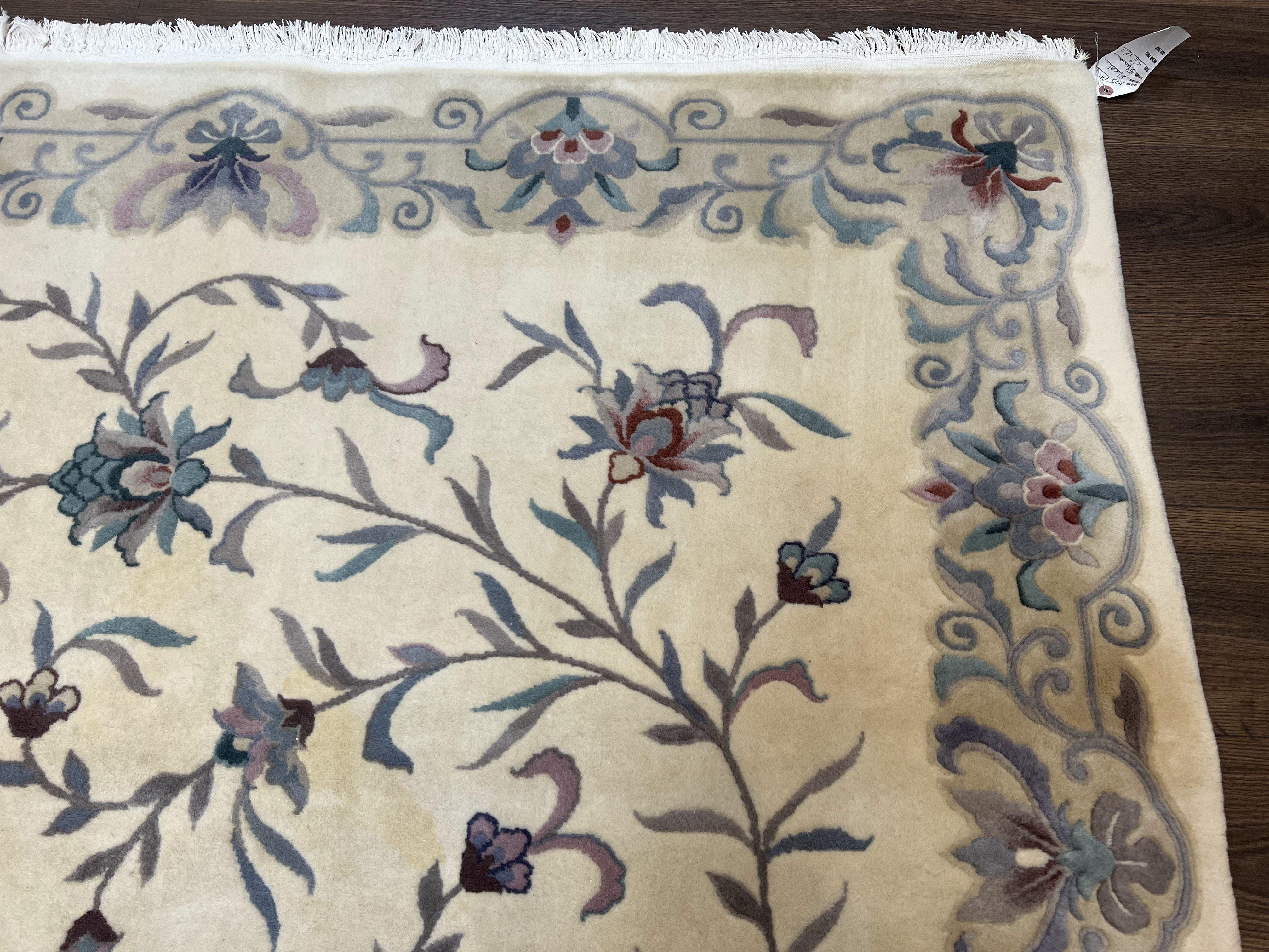 Vintage Chinese Rug 6x9, Chinese 120 Line Rug, Asian Oriental Carpet, Ivory/Beige and Teal, Floral Design, Soft Plush Wool Rug Handmade - Jewel Rugs