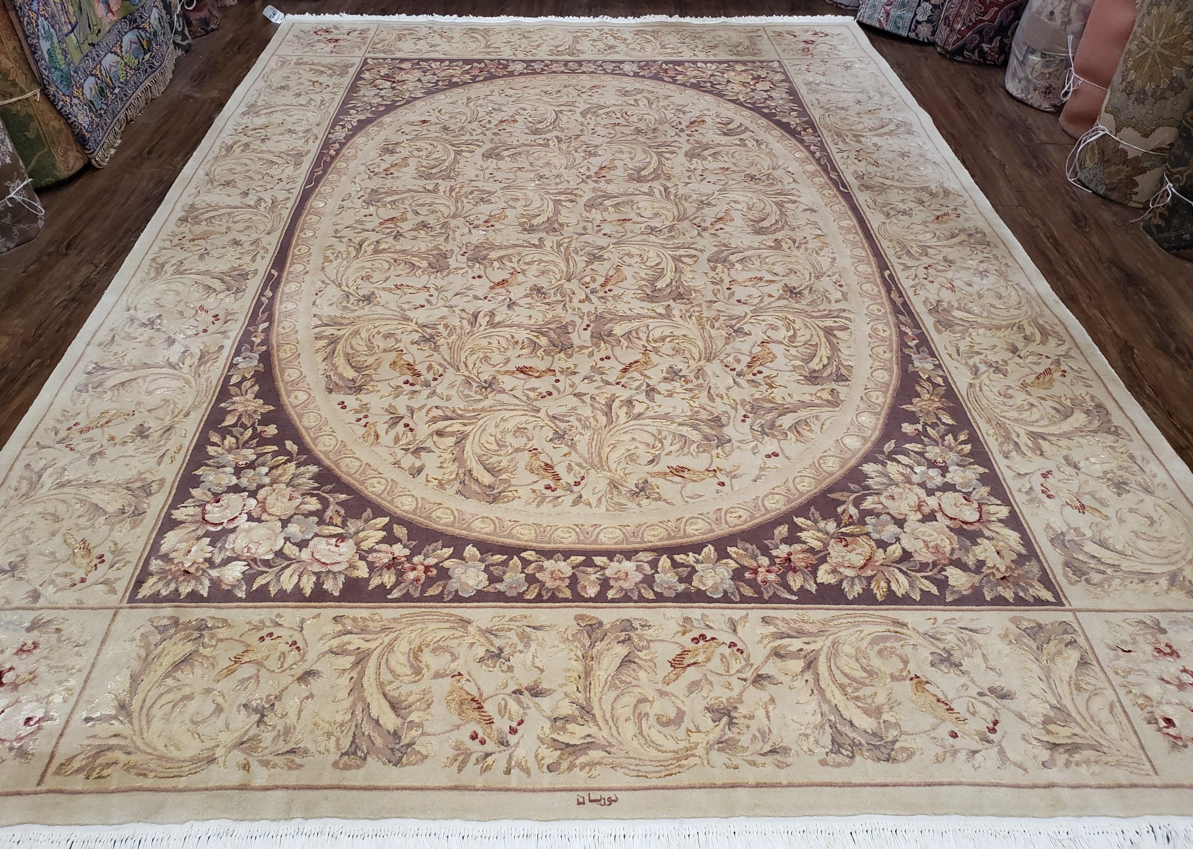 Chinese Aubusson Savonnerie Area Rug 8x12, Vintage 120 Line Carpet, Wool and Silk Hand-Knotted, Birds Flowers Master Weaver Signature - Jewel Rugs