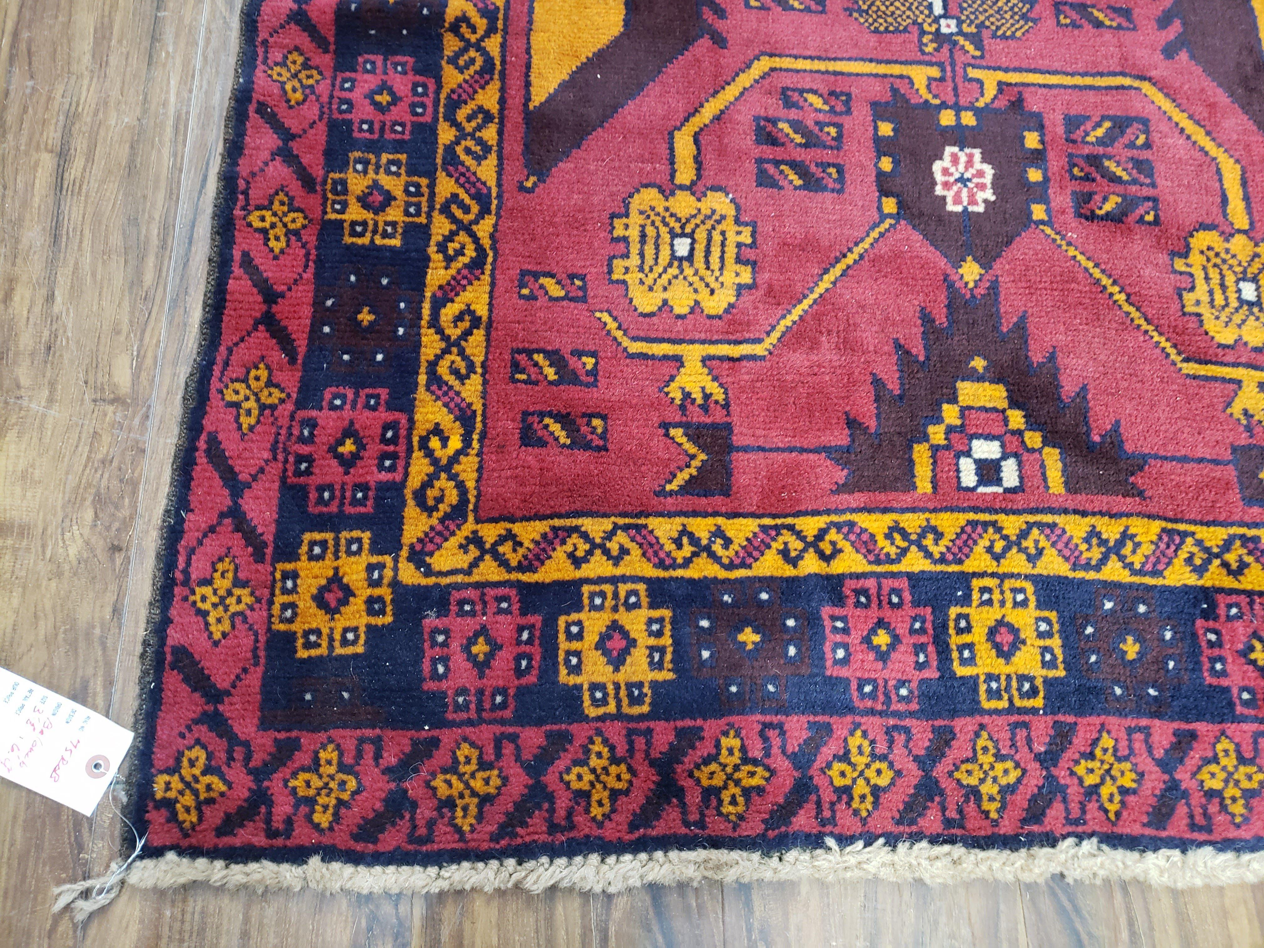 Vintage Balouchi Rug 3.8 x 6.4 ft, Small Baluch Carpet, Hand-Knotted Vivid Colors, Wool Nomadic Tribal Rug, Bohomenian Area Rug, Red Blue - Jewel Rugs